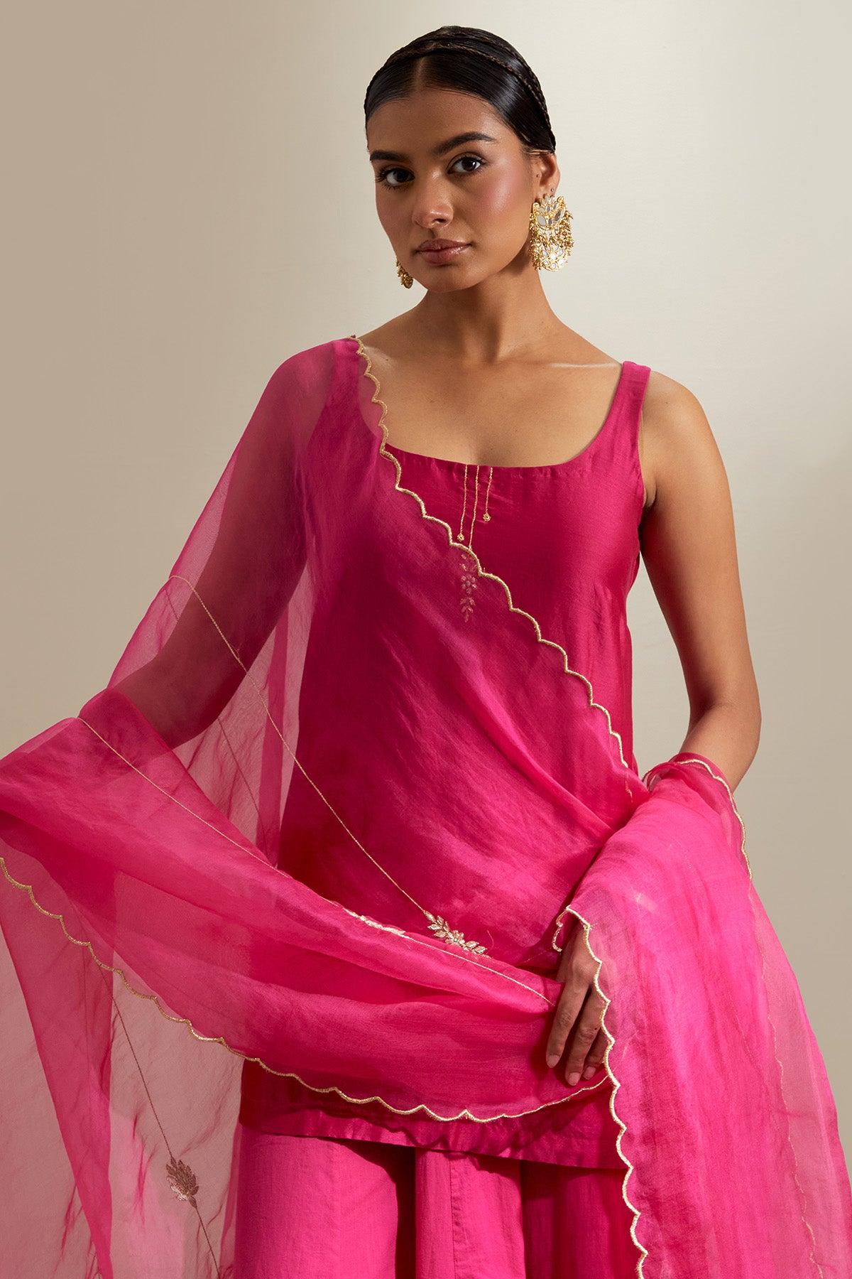 Pink Chanderi Short Kurta Set