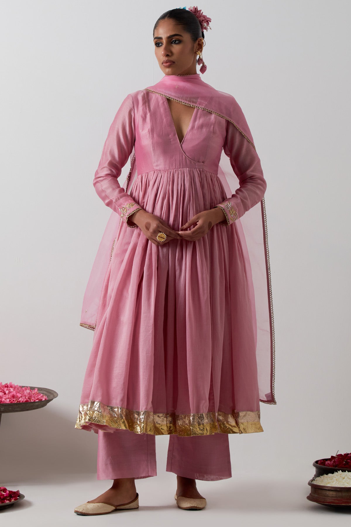 Buy Pink Chanderi Wrap Anarkali Set for women by Vinusto online available at scrollnshops