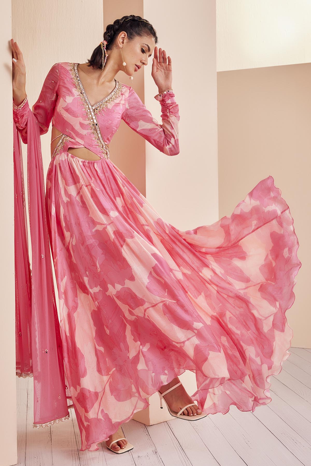 Buy Pink Chiffon Abstract Print Anarkali Set by Mandira Wirk