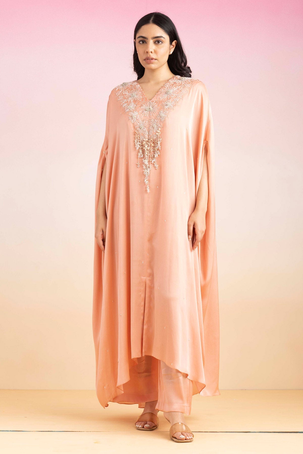 Buy Pink Chiffon Crystal Kaftan Set Online