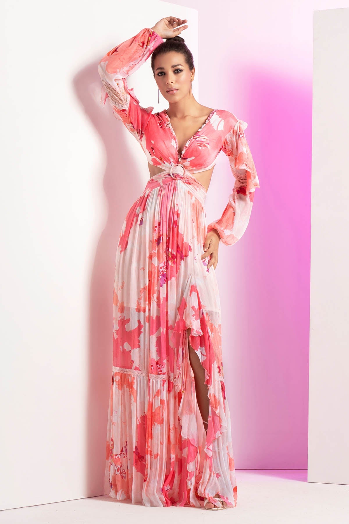 Buy Pink Chiffon Cut-Out Dress by Mandira Wirk