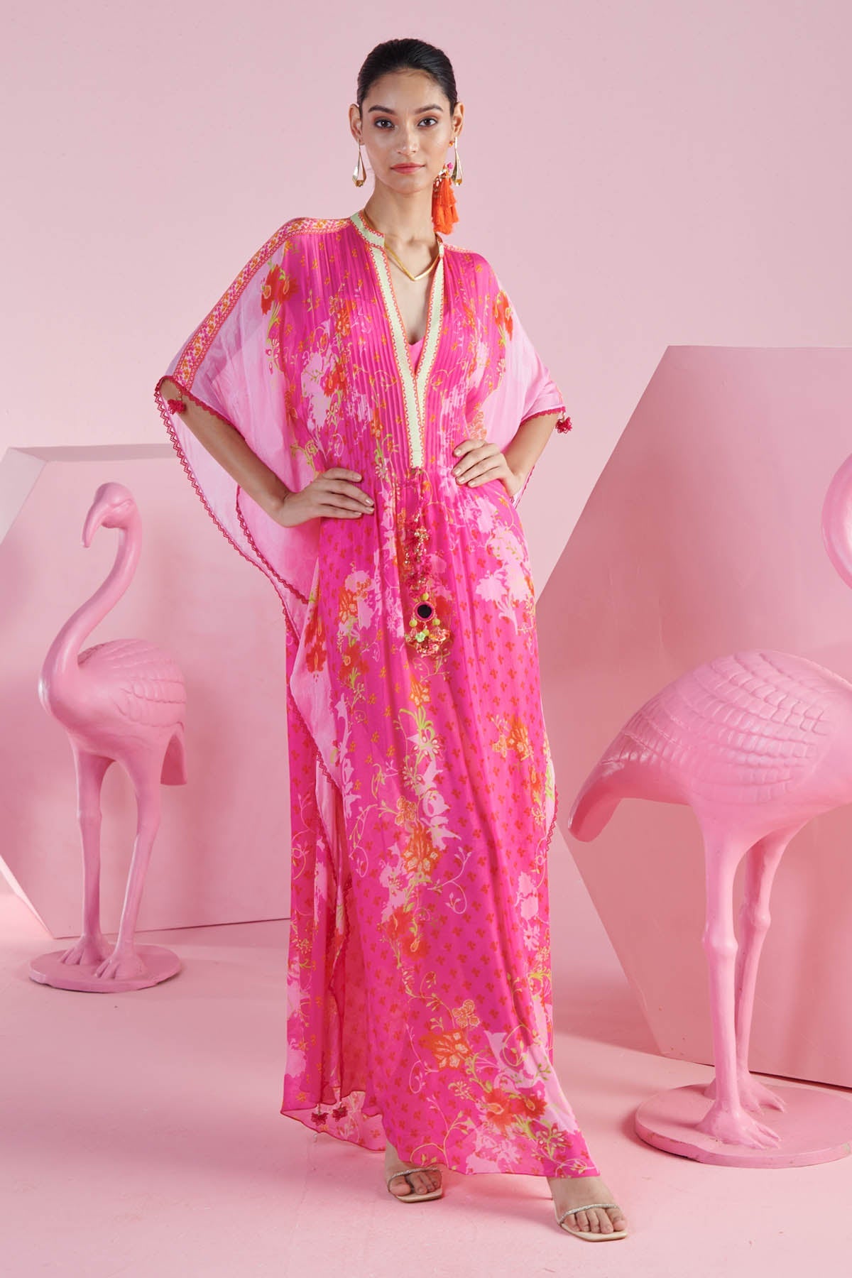 Mandira Wirk Pink Chiffon Deep V-Neck Kaftan for women online at ScrollnShops