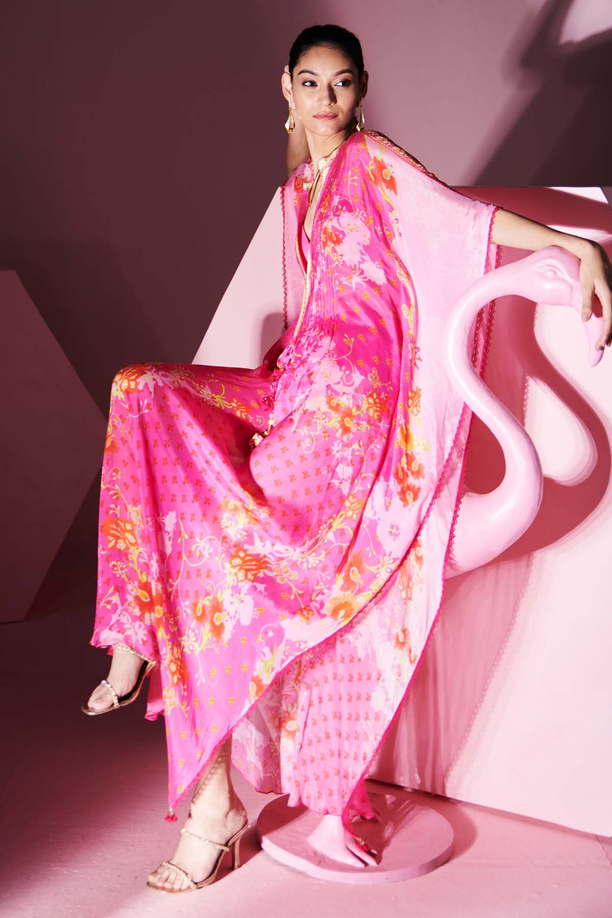 Pink Chiffon Deep V-Neck Kaftan
