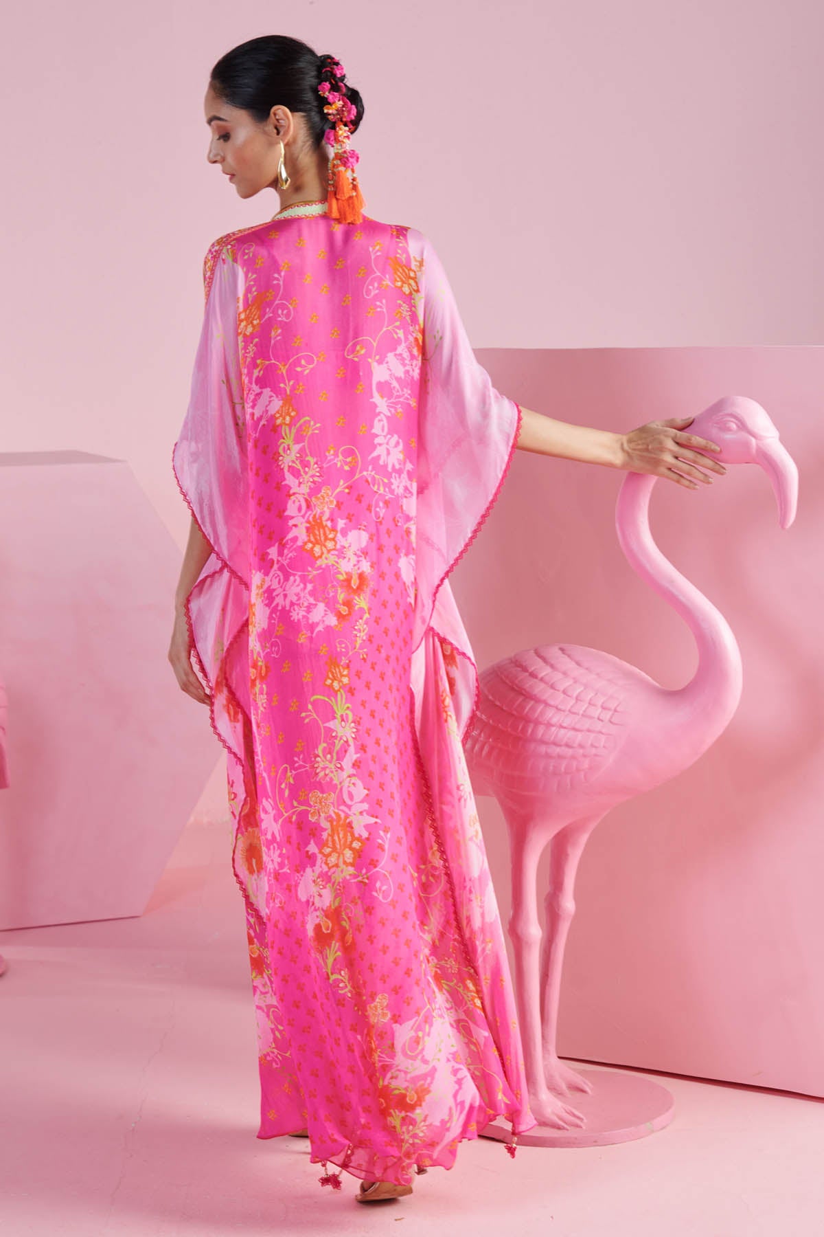 Pink Chiffon Deep V-Neck Kaftan