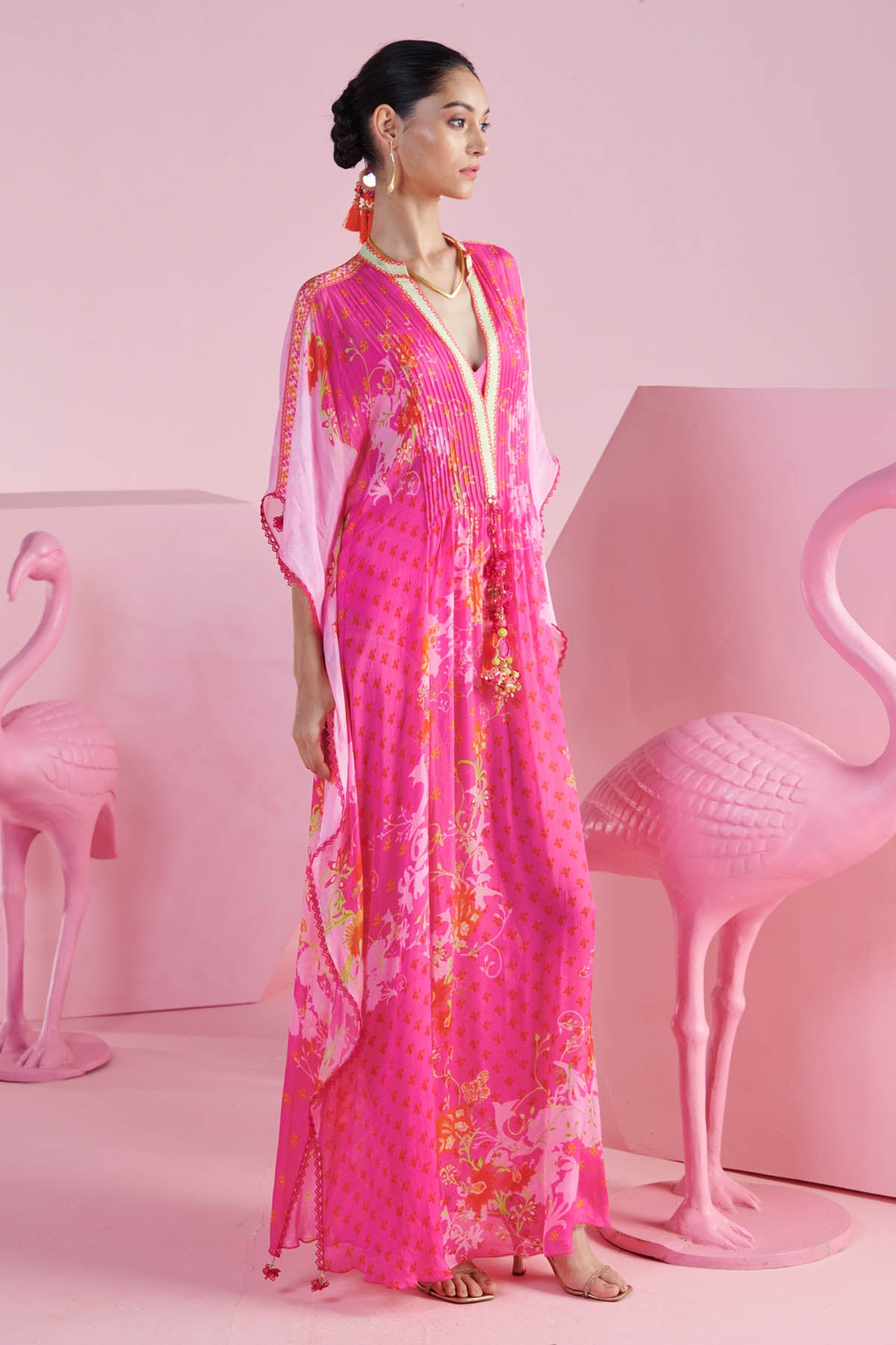 Pink Chiffon Deep V-Neck Kaftan