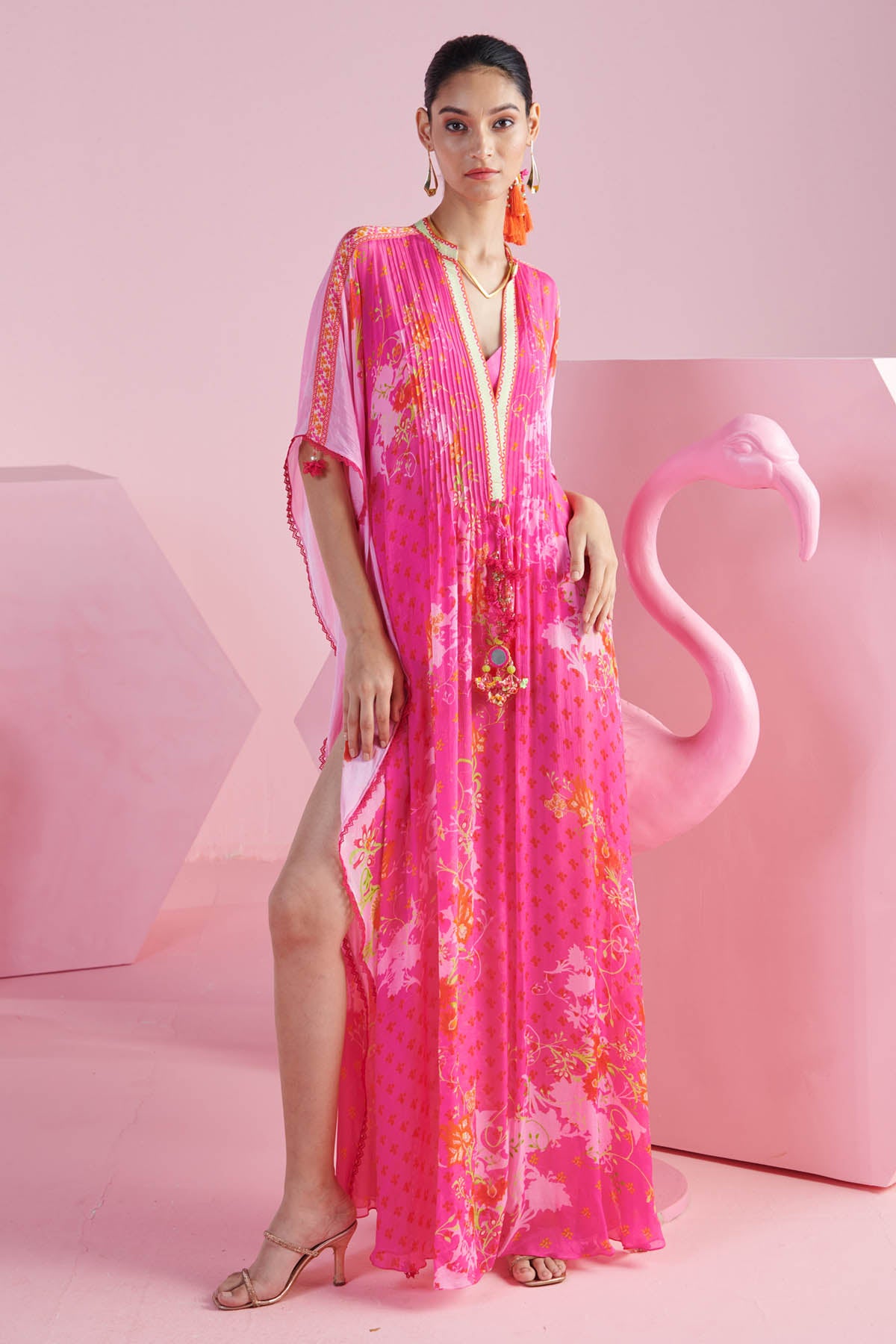 Buy Pink Chiffon Deep V-Neck Kaftan by Mandira Wirk