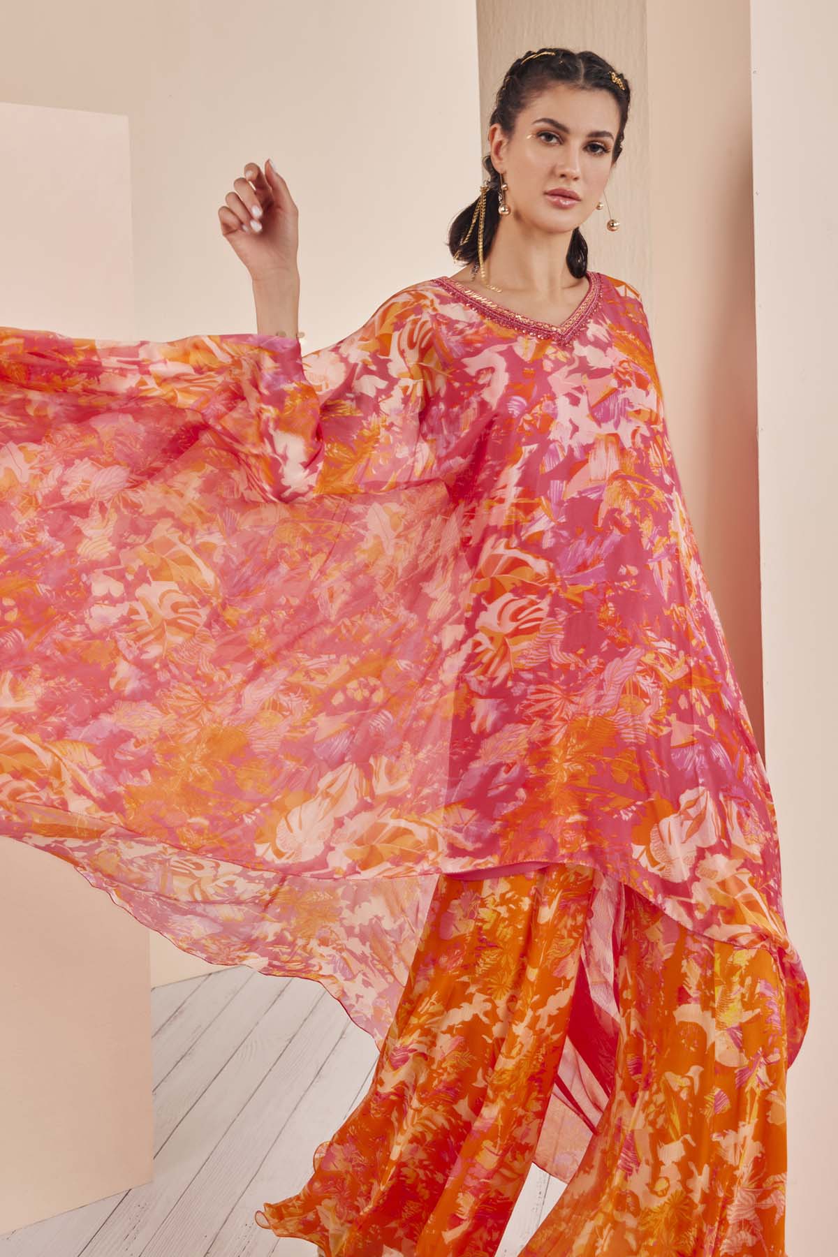 Buy Pink Chiffon Embroidered Kaftan Set by Mandira Wirk