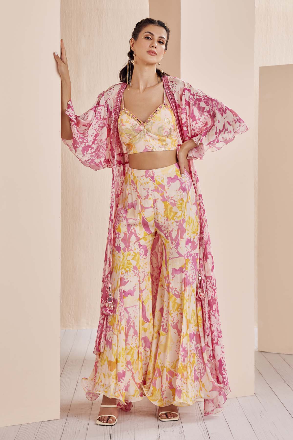 Buy Pink Chiffon Floral Cape & Sharara Set by Mandira Wirk