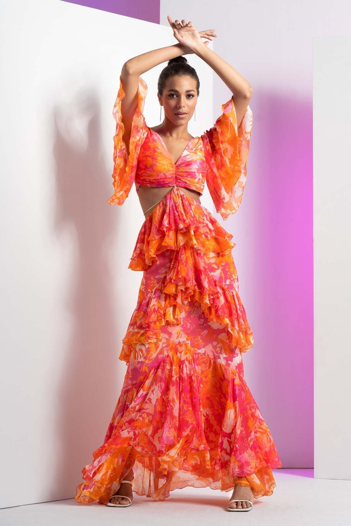 Buy Pink Chiffon Layered Dress by Mandira Wirk
