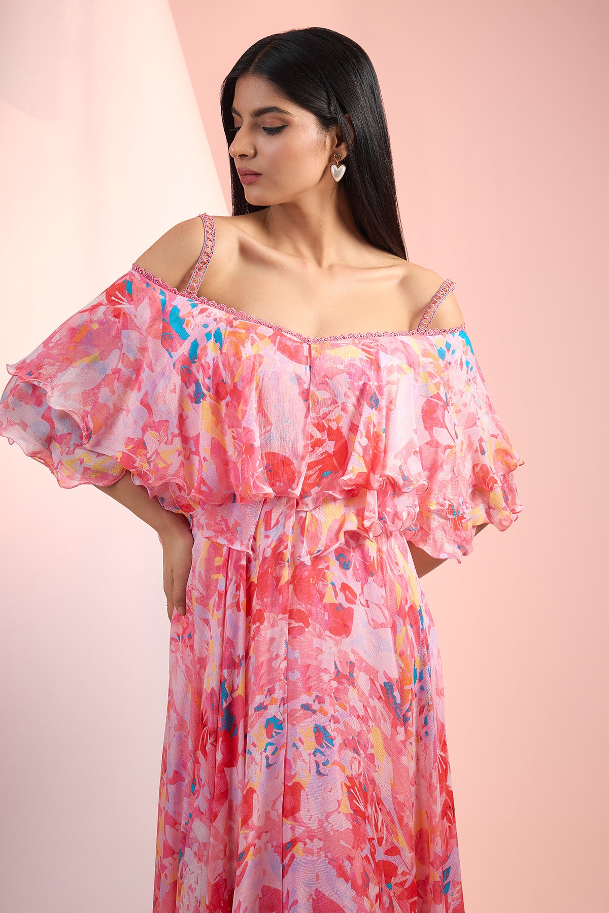 Pink Chiffon Off-Shoulder Dress