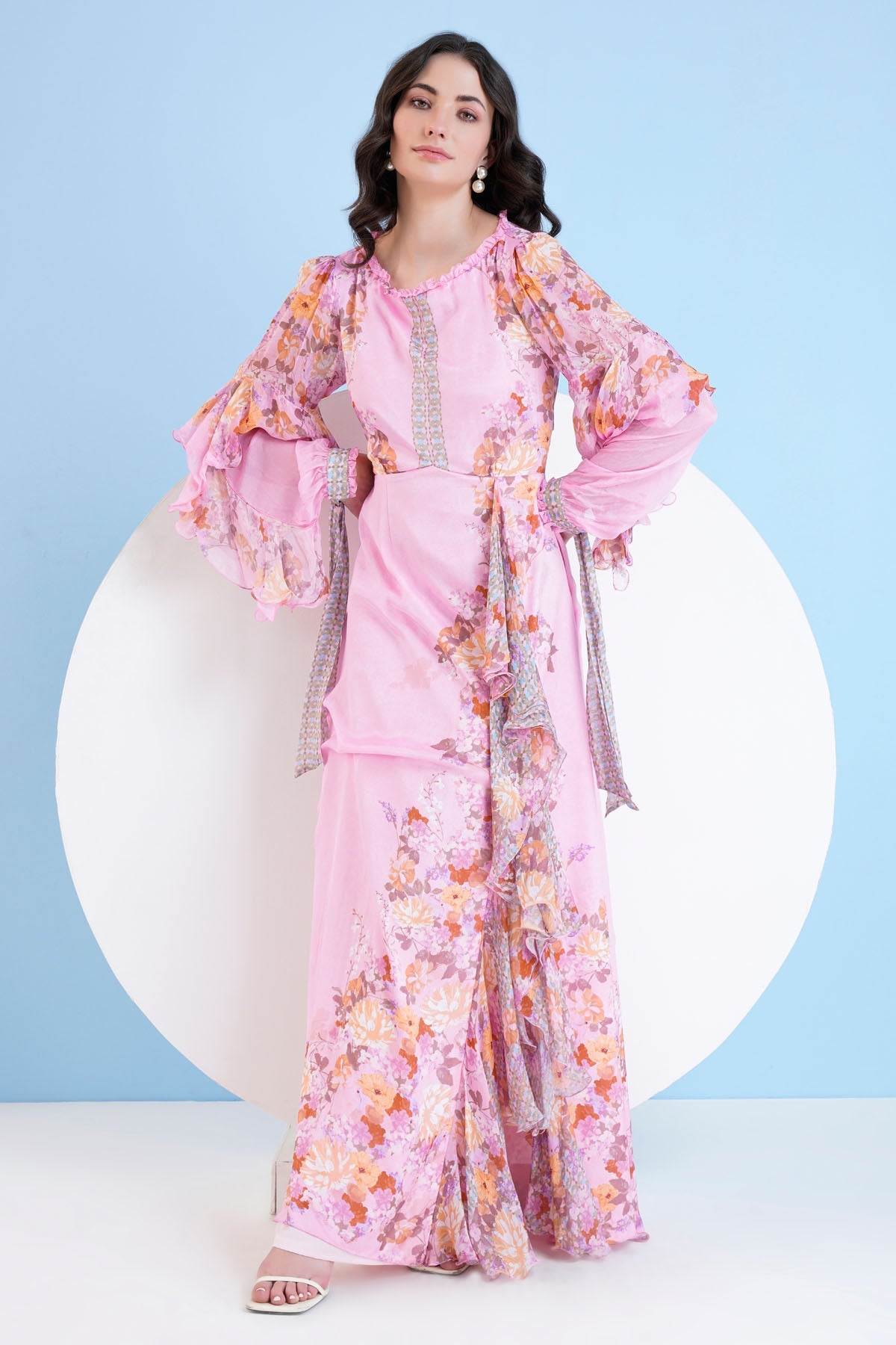 Buy Pink Chiffon Print Long Dress by Mandira Wirk