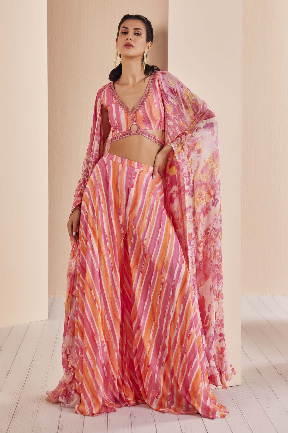 Buy Pink Chiffon Printed Sharara & Cape Set by Mandira Wirk