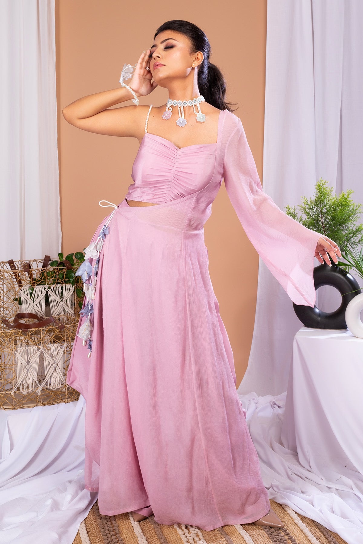 Buy Pink Chiffon Ruched Cape Set by Payal Dawar for women online at ScrollnShops