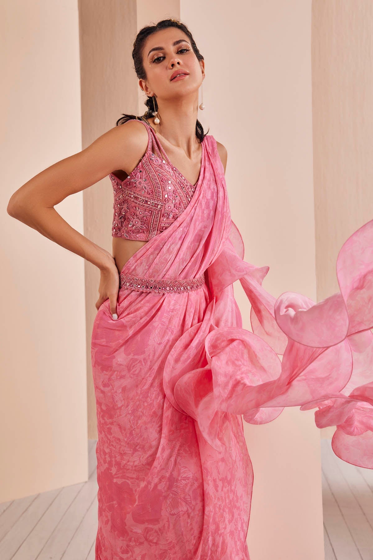 Buy Pink Chiffon Ruffle Draped Saree Set by Mandira Wirk