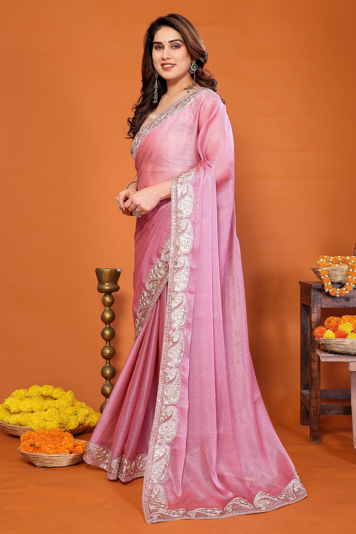 Pink Chiffon Sitara Gota Saree