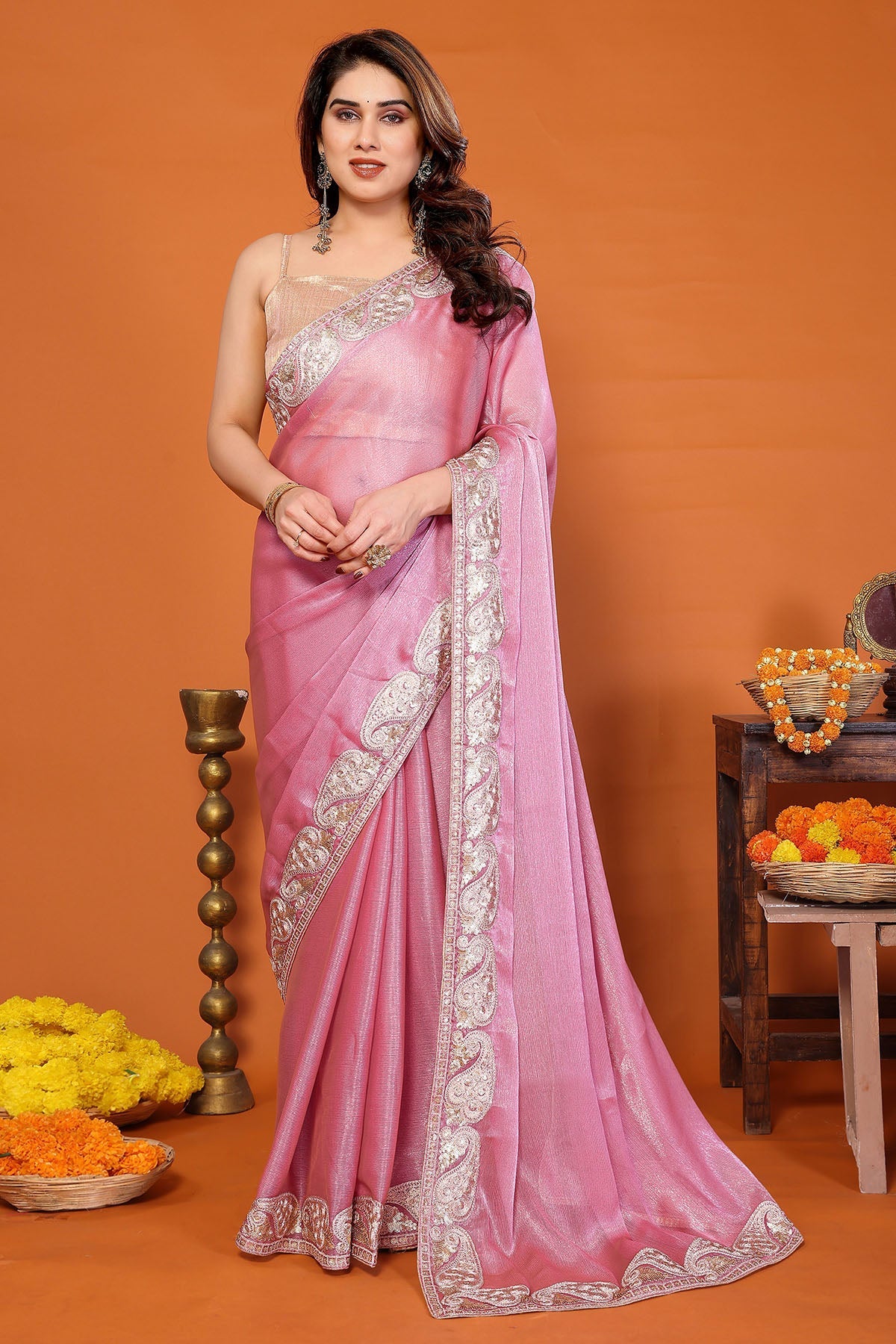Buy Pink Chiffon Sitara Gota Saree for women by Aastha Fashion online available at scrollnshops