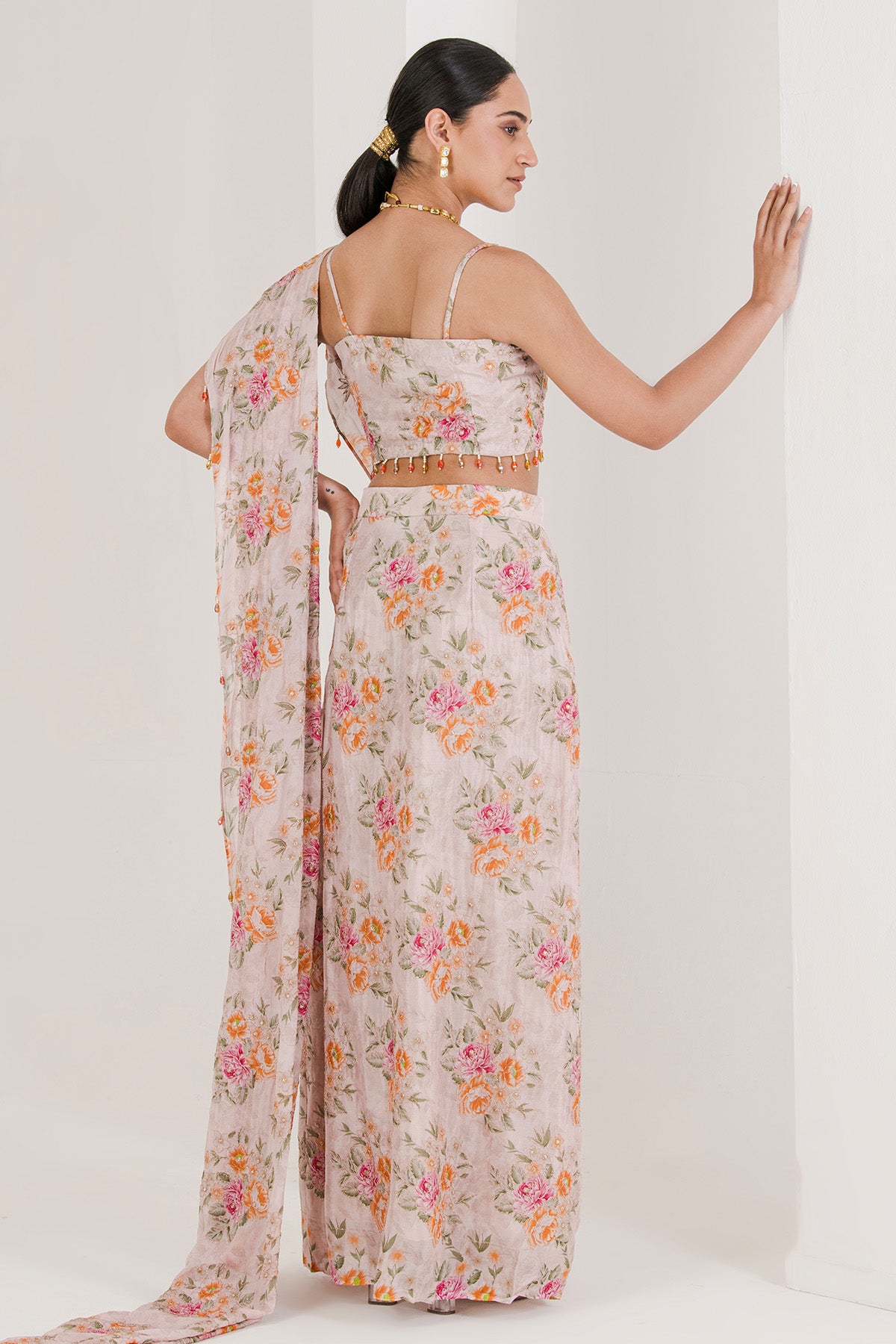 Pink Chinnon Pre-Stitched Saree