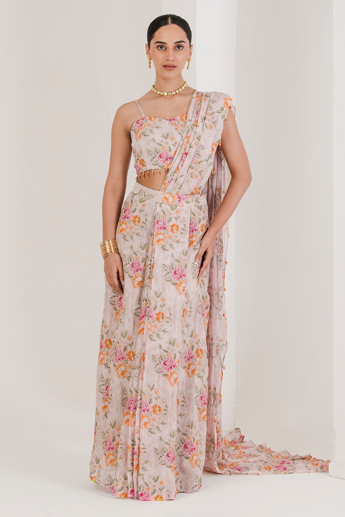 Buy Pink Chinnon Pre-Stitched Saree by The Maive for women online at ScrollnShops