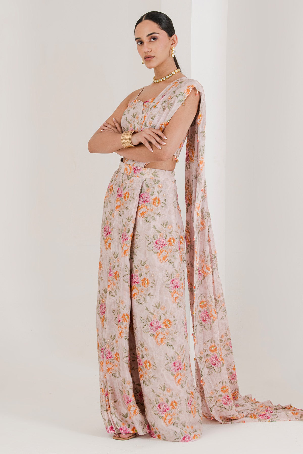 Pink Chinnon Pre-Stitched Saree