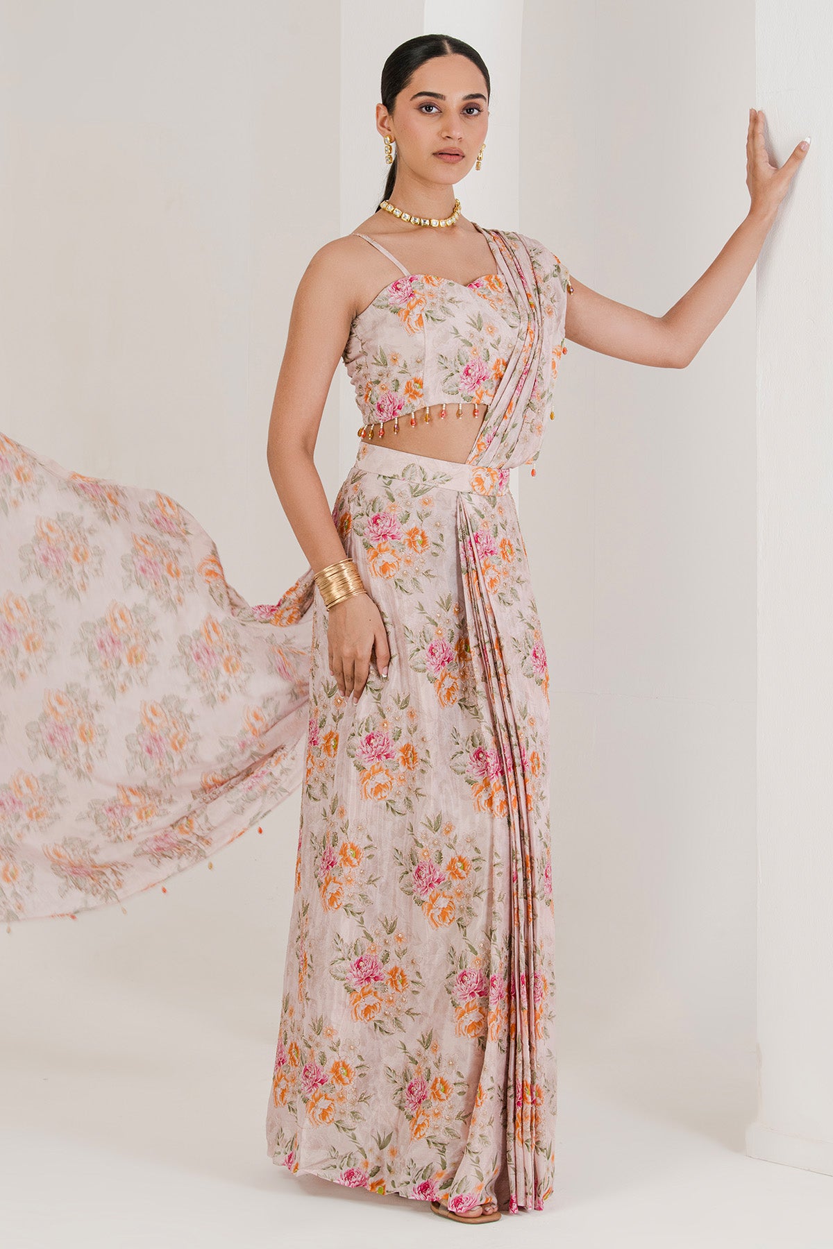 Pink Chinnon Pre-Stitched Saree