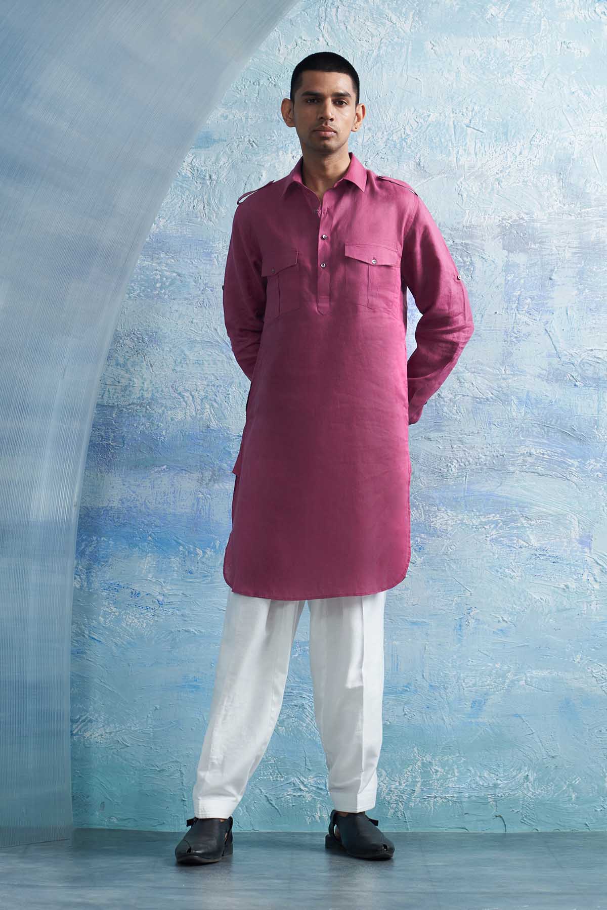 Pink Collar Pathani Kurta Set