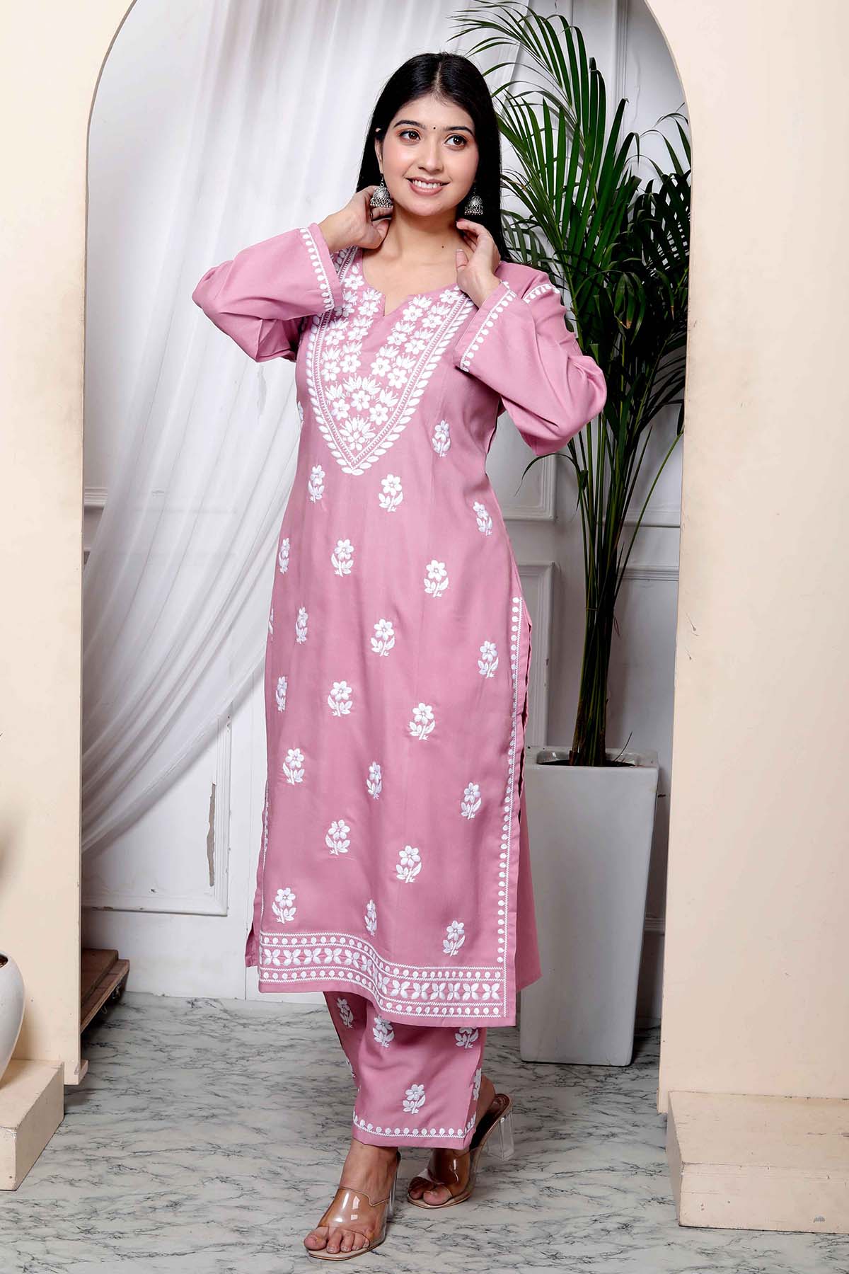 Buy Pink Cotton Chikankari Kurta Set by Miravan for women online at ScrollnShops