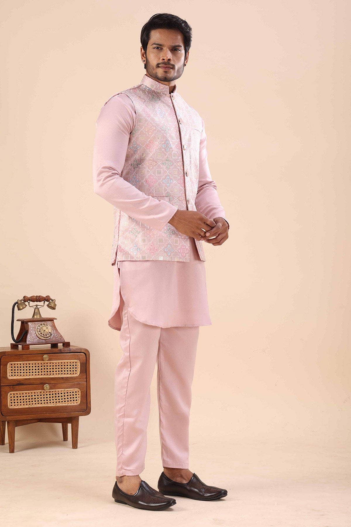 Pink Cotton Embroidered Bundi