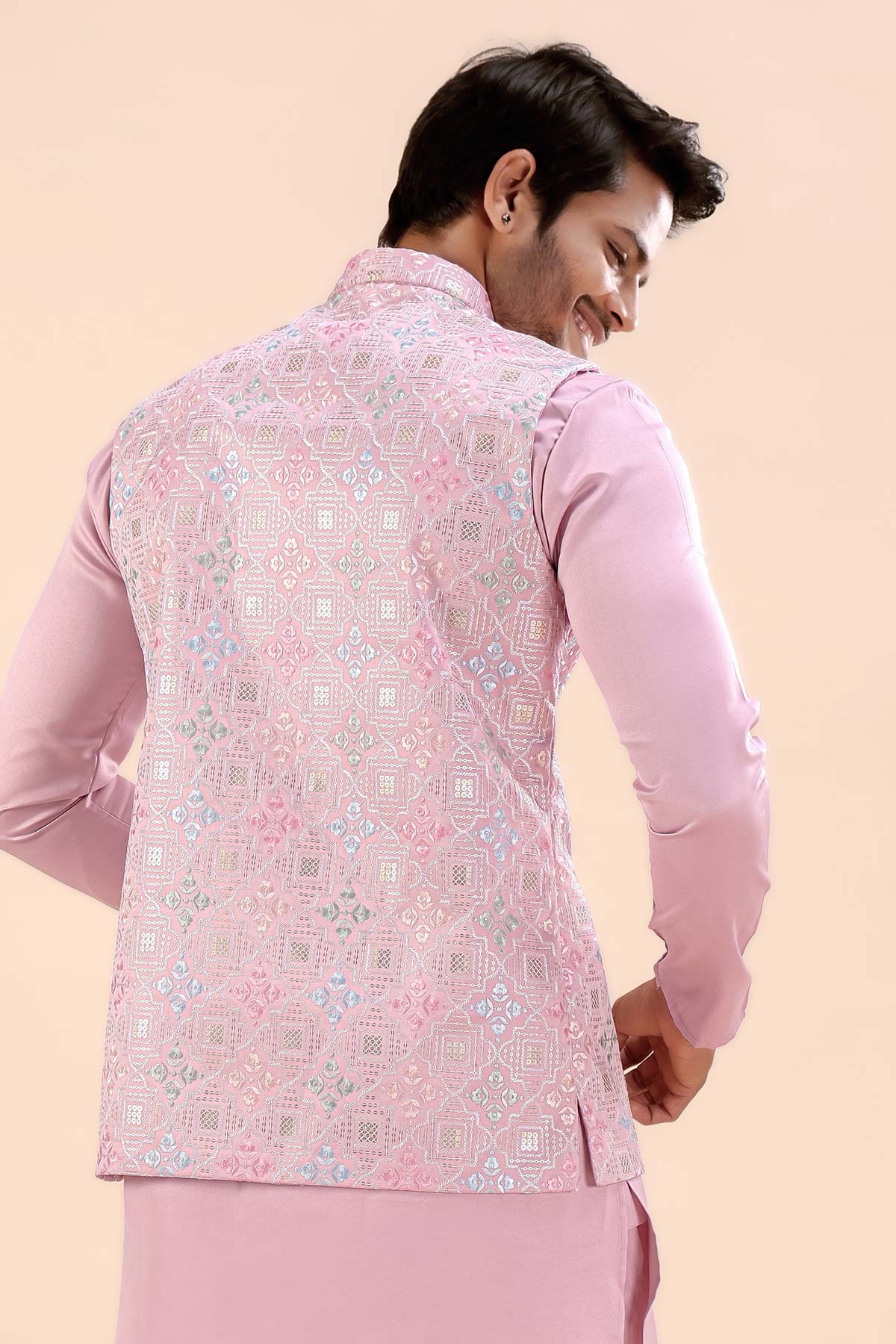 Pink Cotton Embroidered Bundi