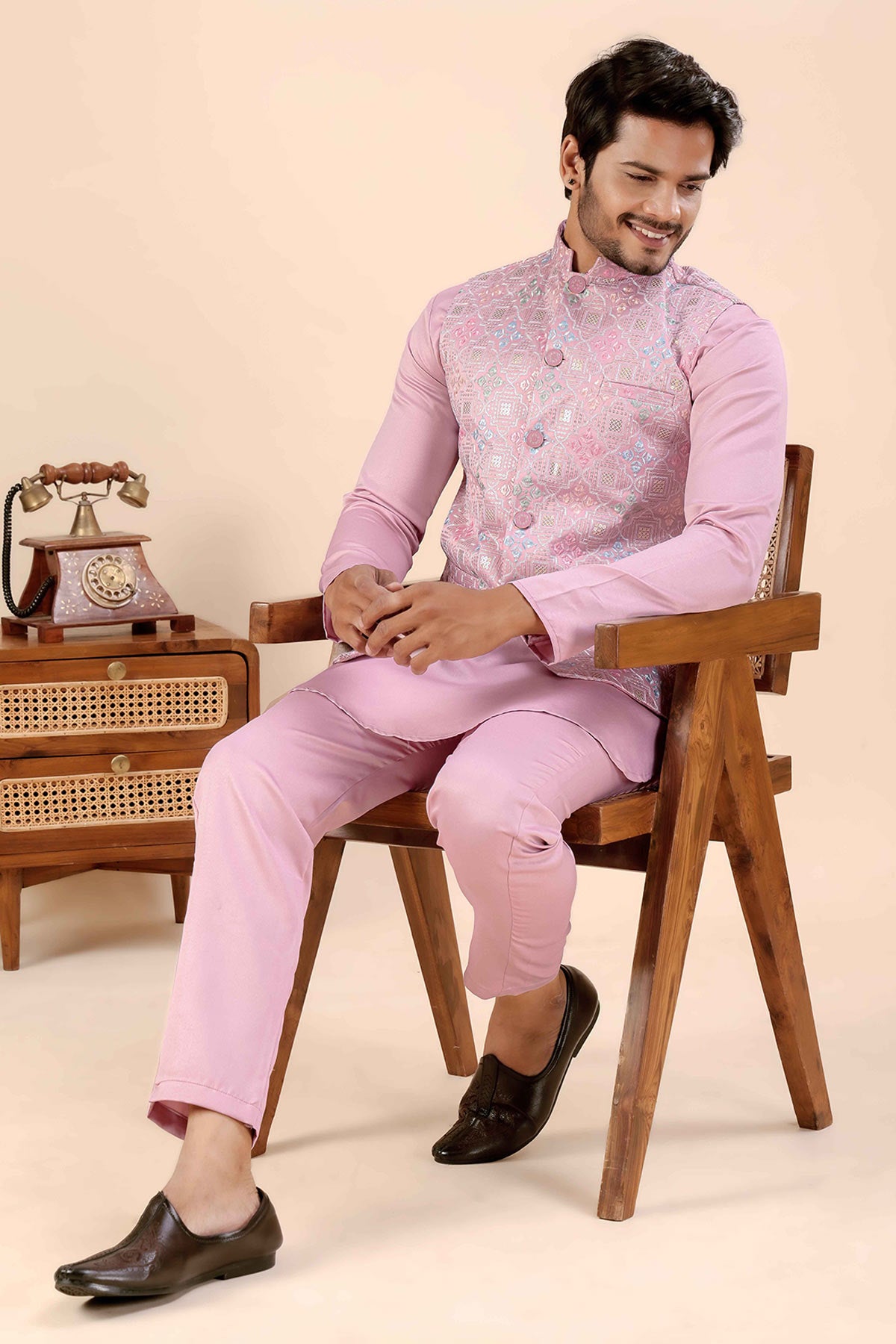 Pink Cotton Embroidered Bundi