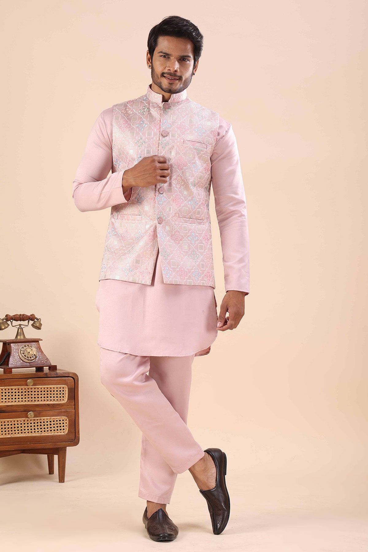 Pink Cotton Embroidered Bundi