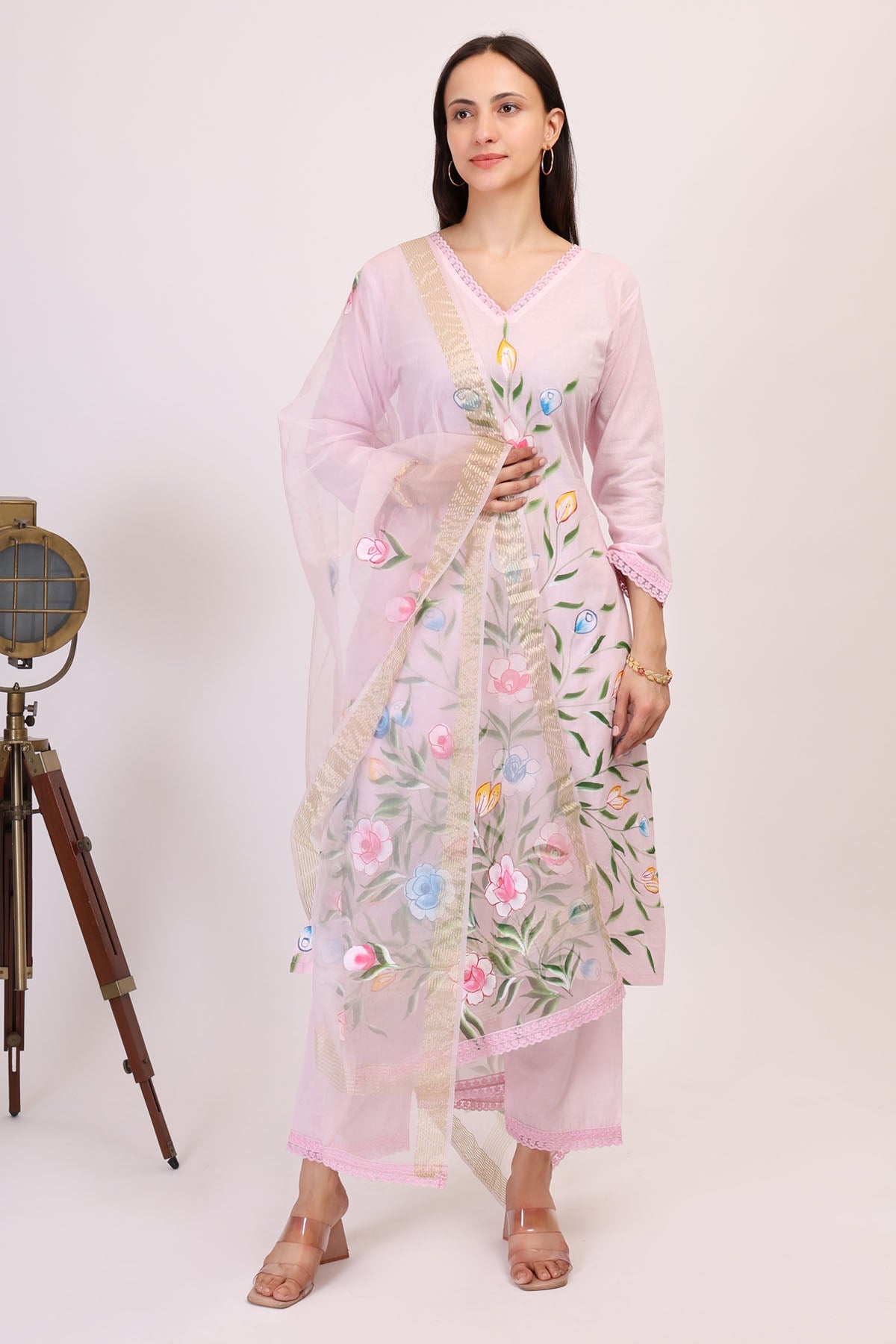 Simply Kitsch Pink Cotton Floral Kurta Set for women online at ScrollnShops