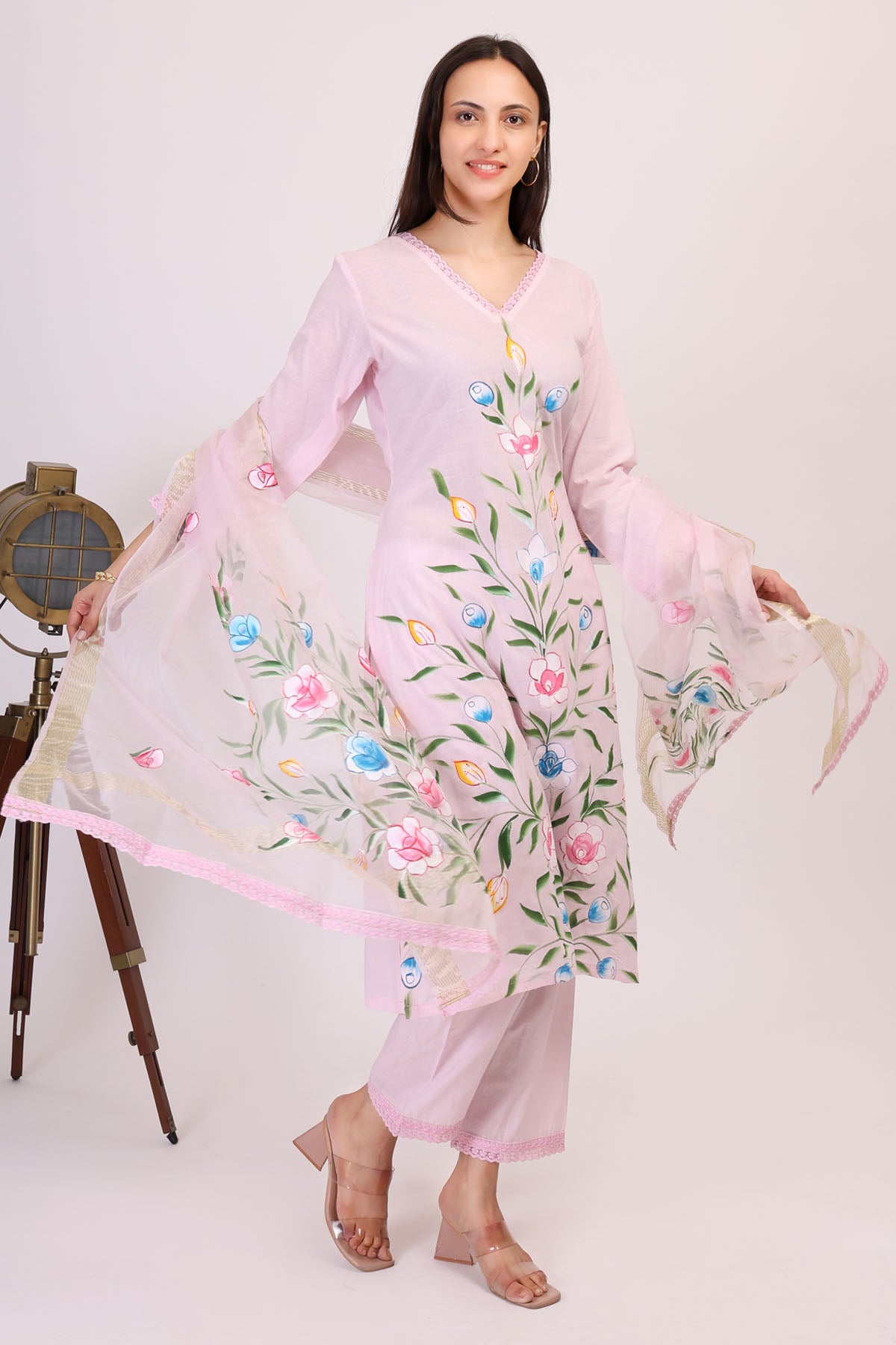 Pink Cotton Floral Kurta Set