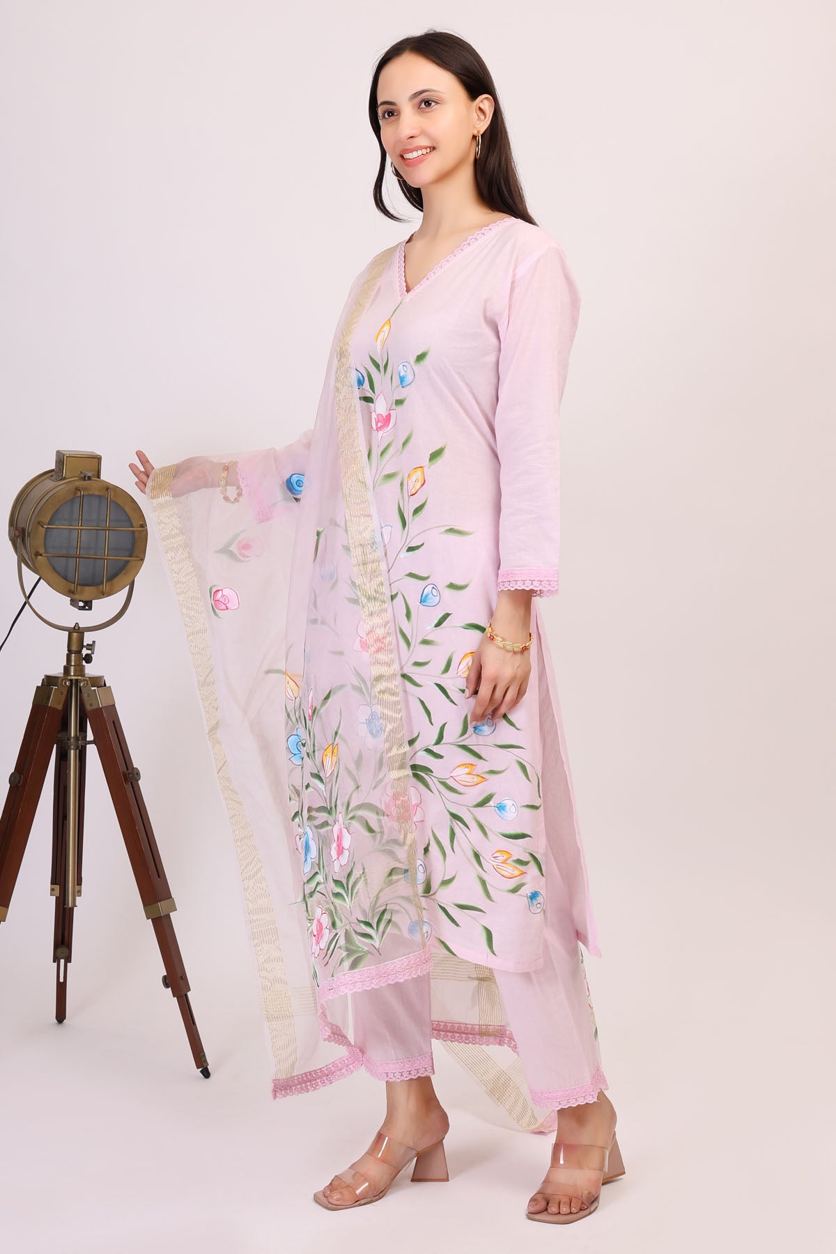 Pink Cotton Floral Kurta Set