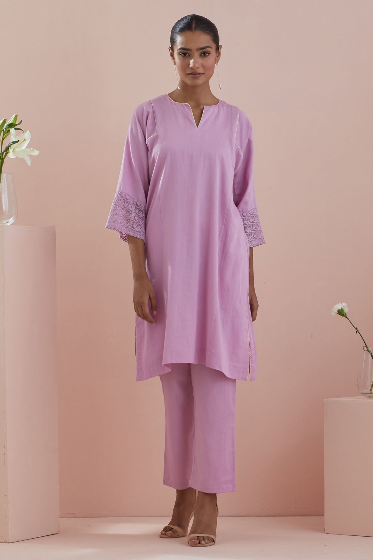 Pink Cotton Kalidar Kurta Set