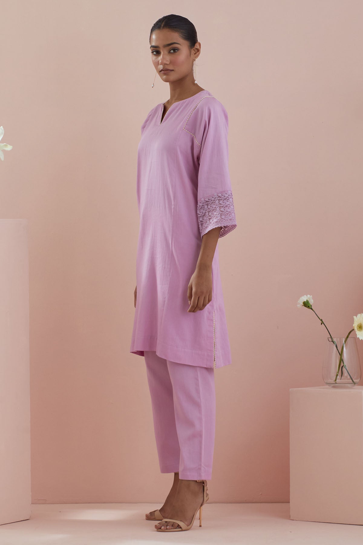 Pink Cotton Kalidar Kurta Set