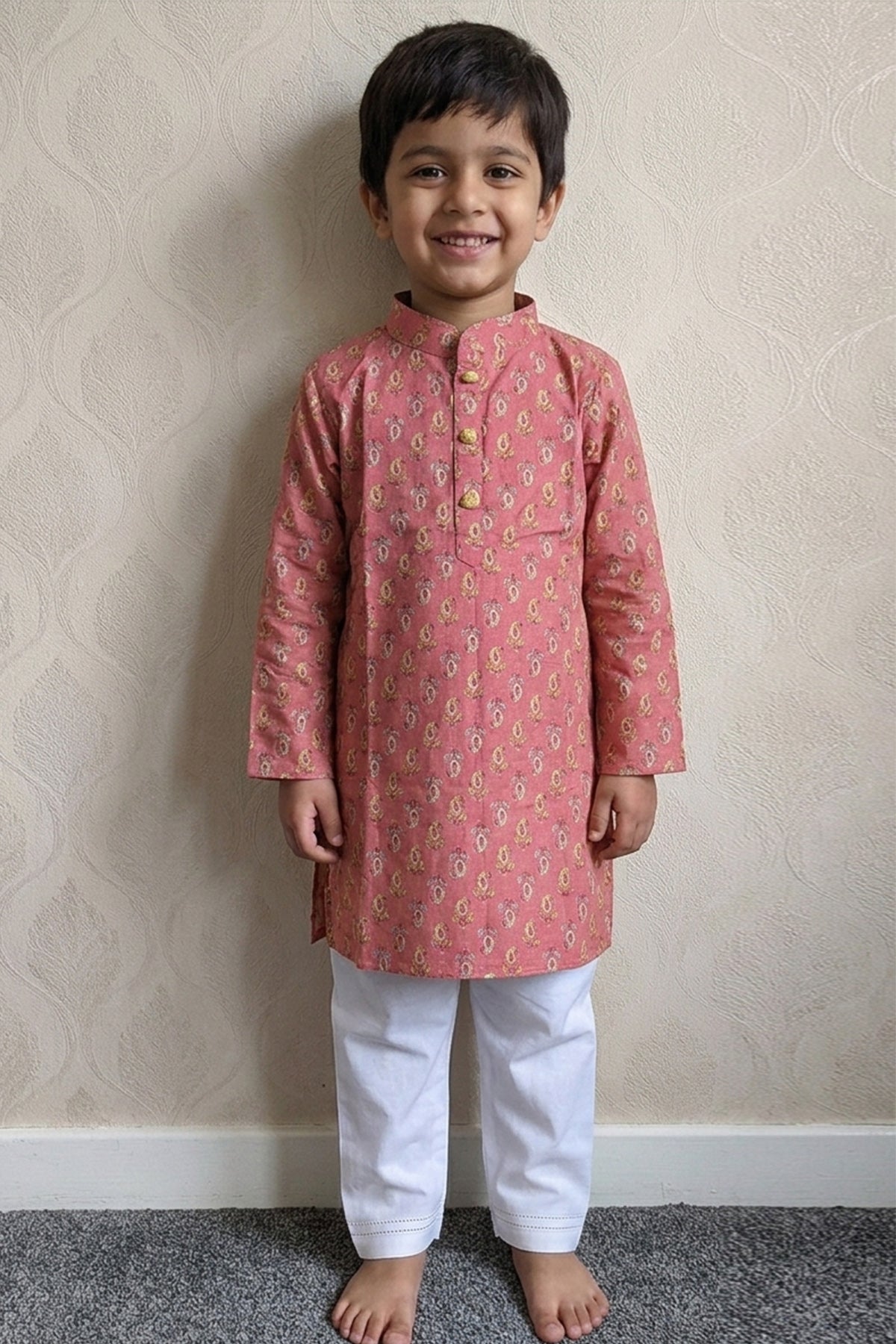 Buy Pink Cotton Motifs Kurta Set for Kid by ViYa online available at scrollnshops