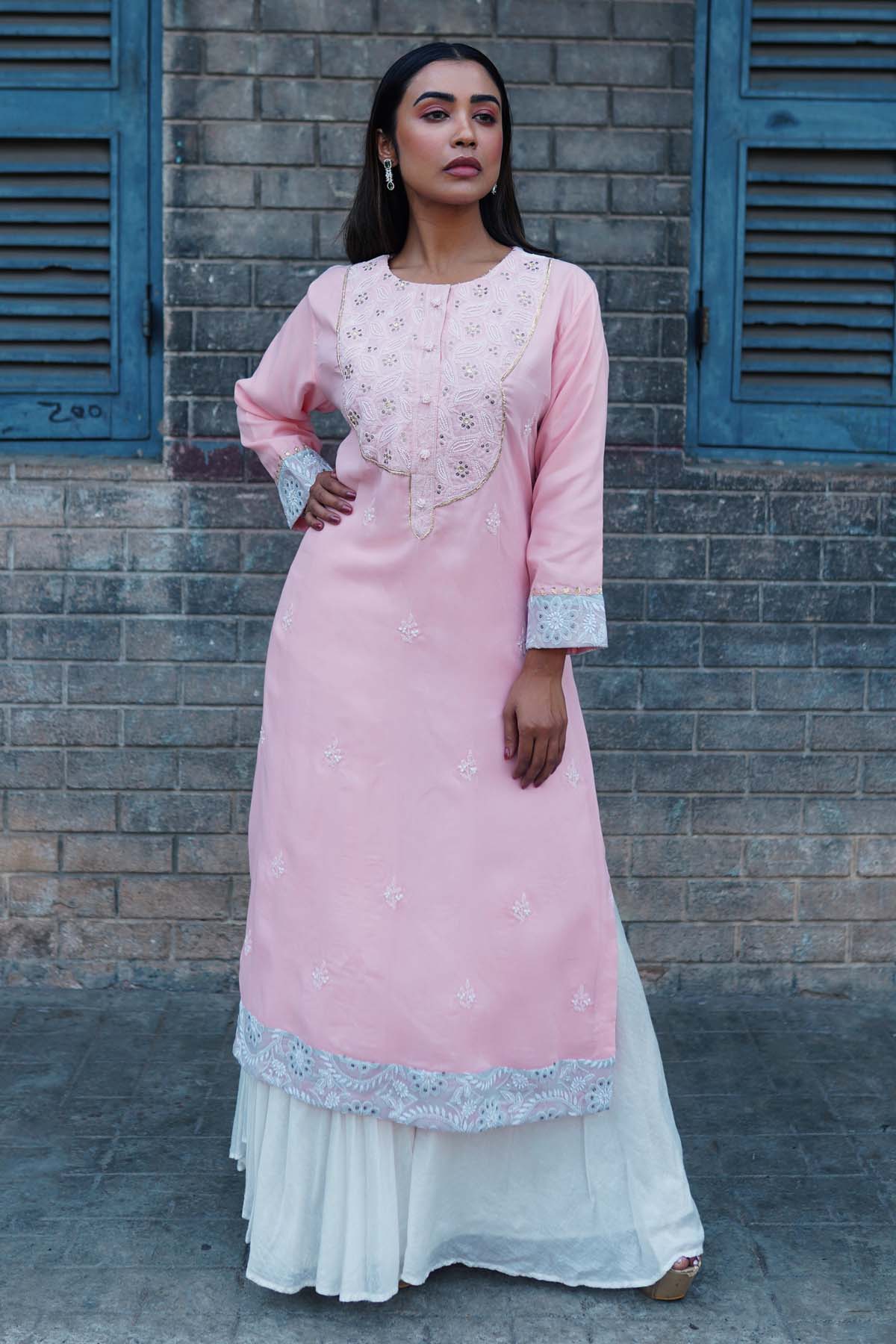 Buy Anamika Khandelwal Pink Cotton Pearl & Sequins Kurti
