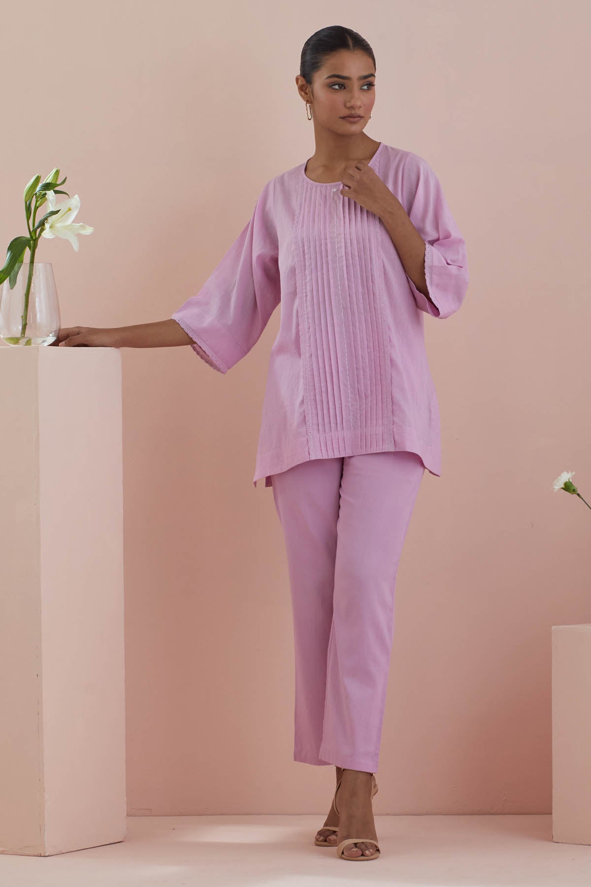 Vinusto Pink Cotton Pintuck Co-ord Set for women online at ScrollnShops