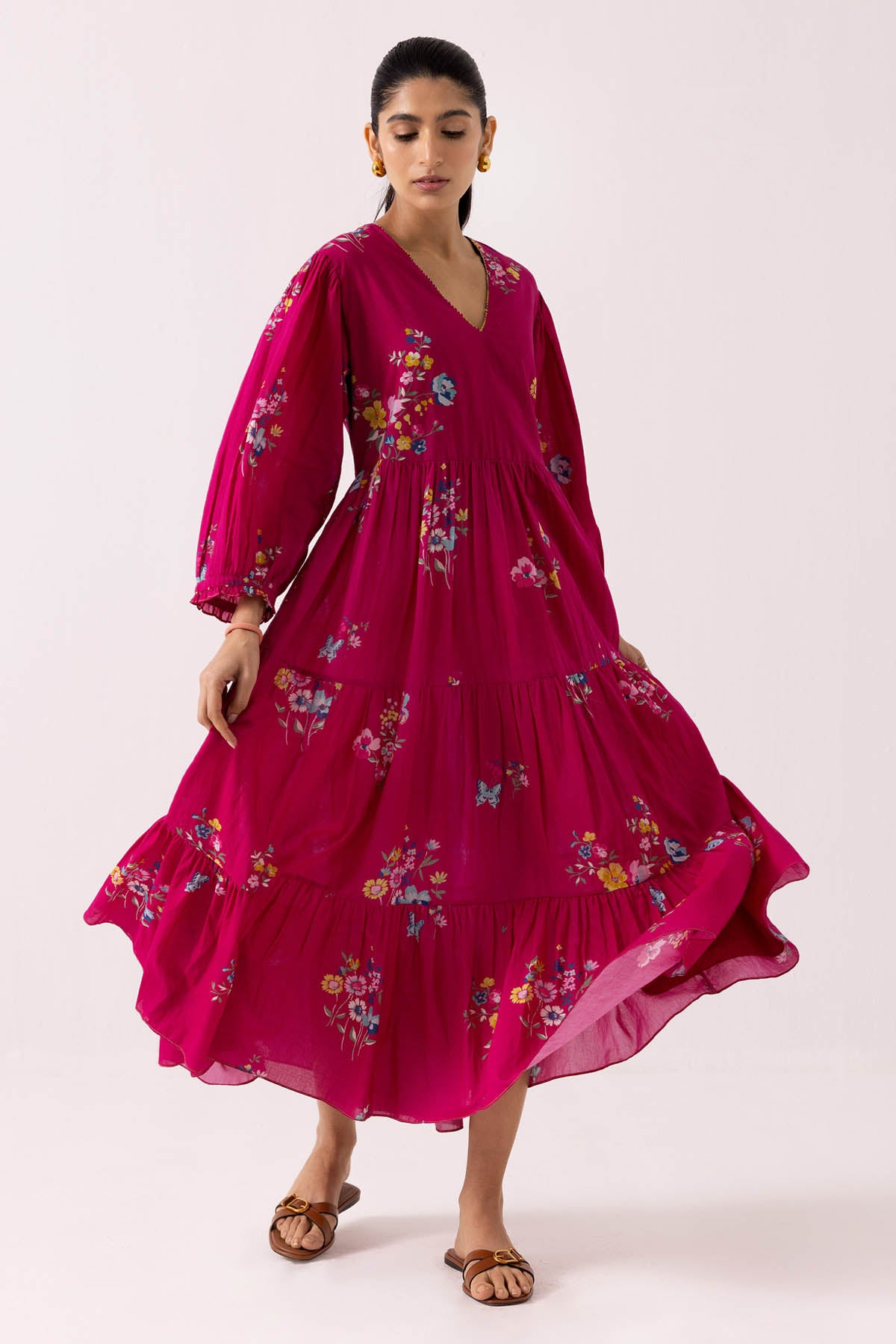 Pink Cotton Print Flared Dress