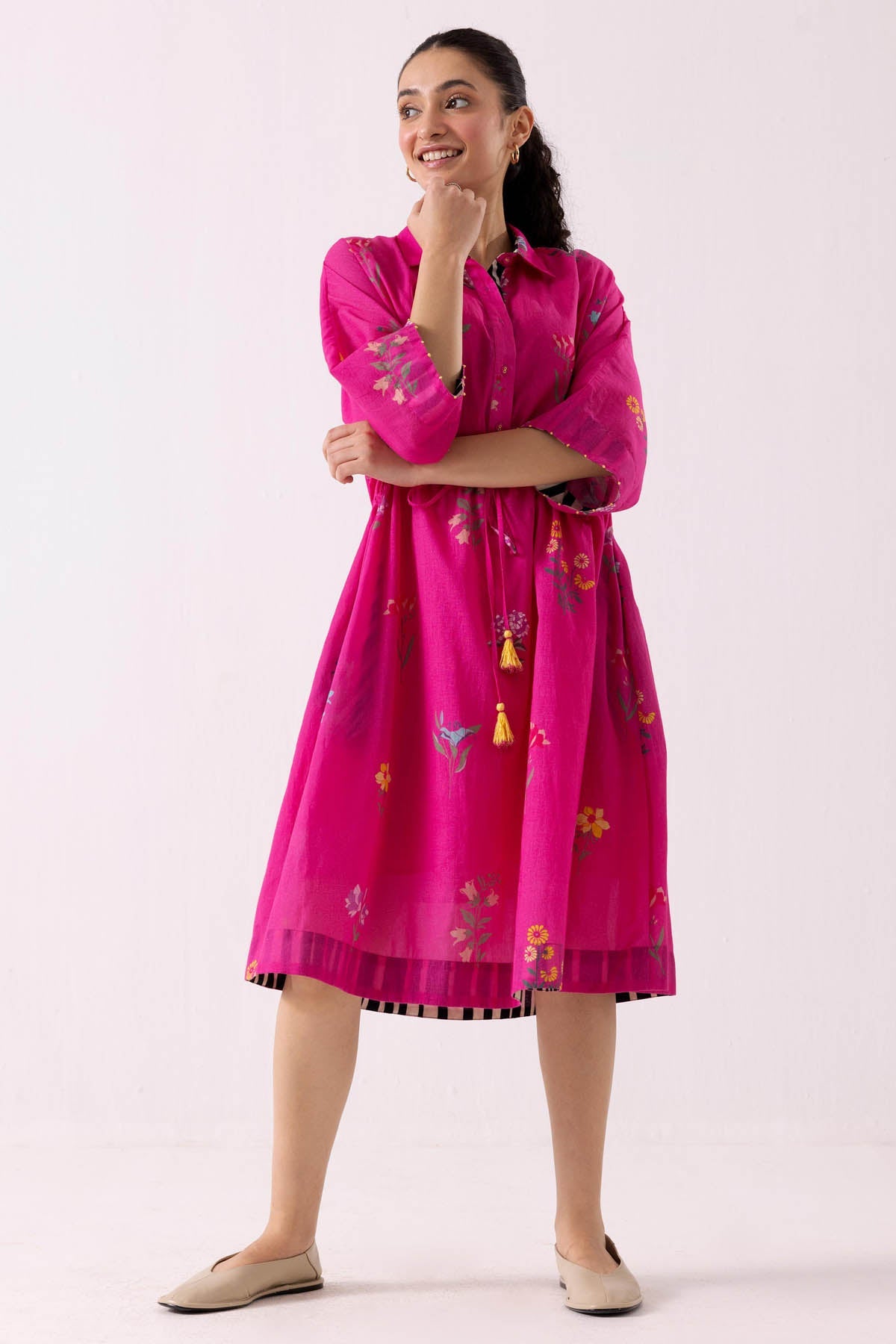 Label Shreya Sharma Pink Cotton Print Shirt Dress for women online at ScrollnShops