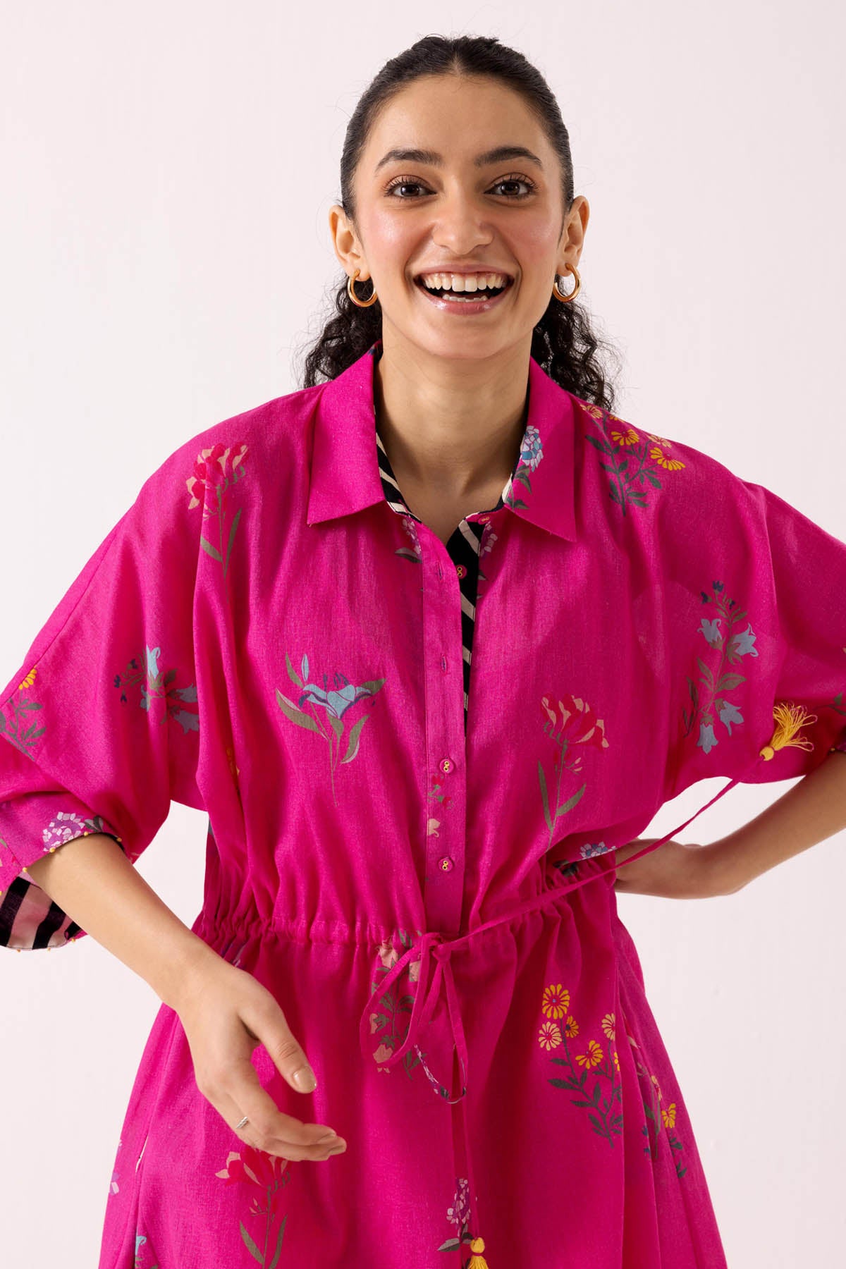 Pink Cotton Print Shirt Dress