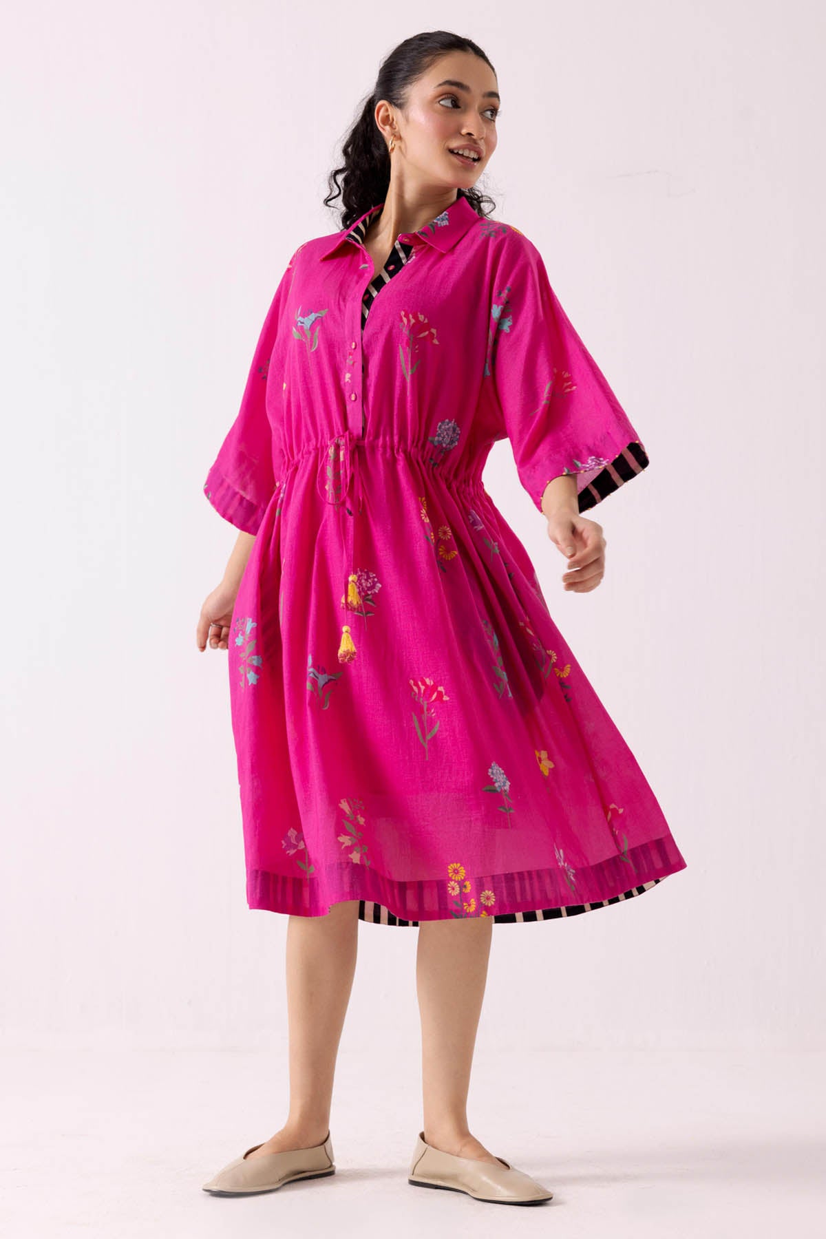 Pink Cotton Print Shirt Dress