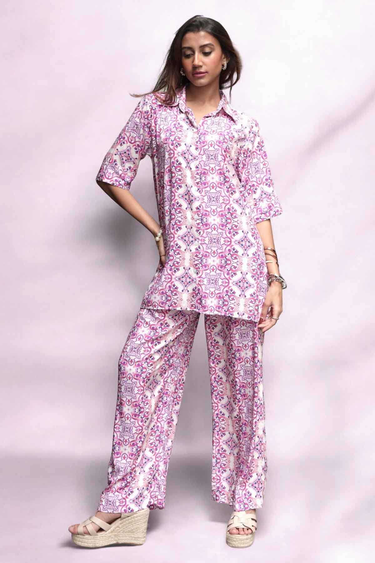 Svamsa Pink Cotton Print Shirt & Pants for women online at ScrollnShops