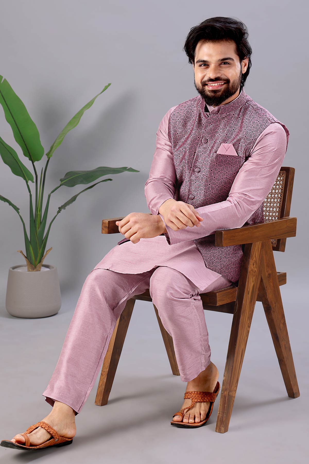 Pink Cotton Silk Jacquard Bundi