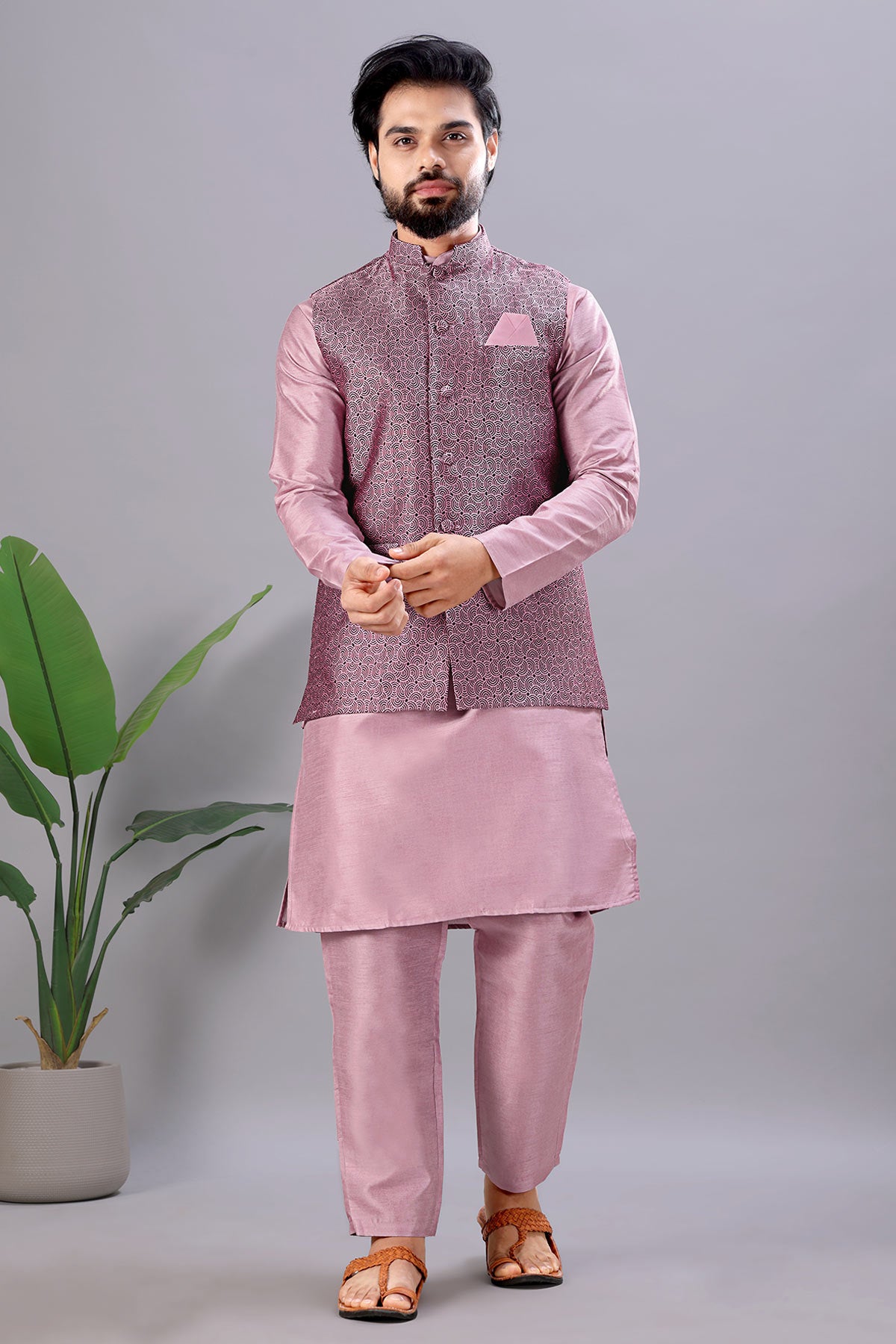 Pink Cotton Silk Jacquard Bundi
