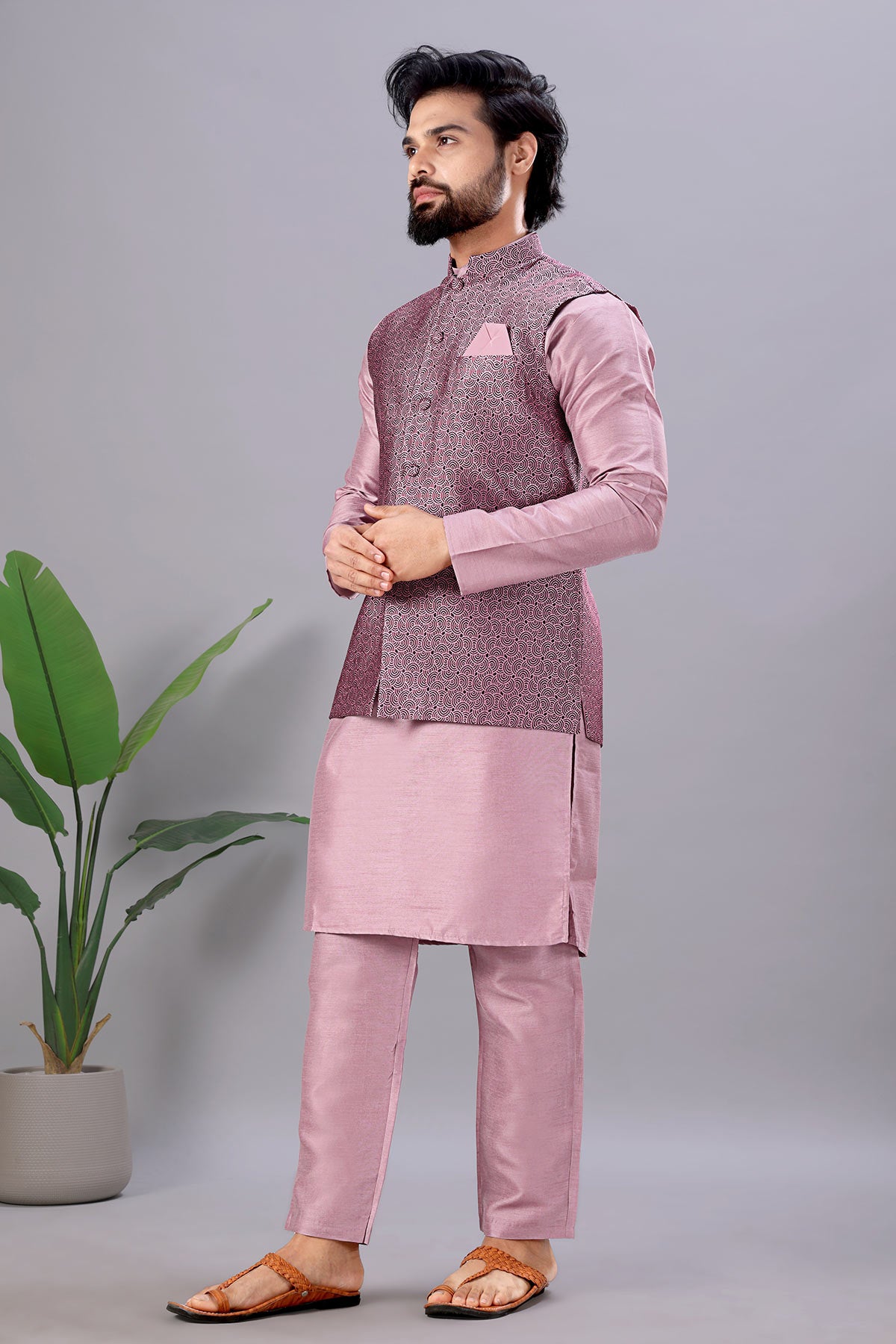 Pink Cotton Silk Jacquard Bundi
