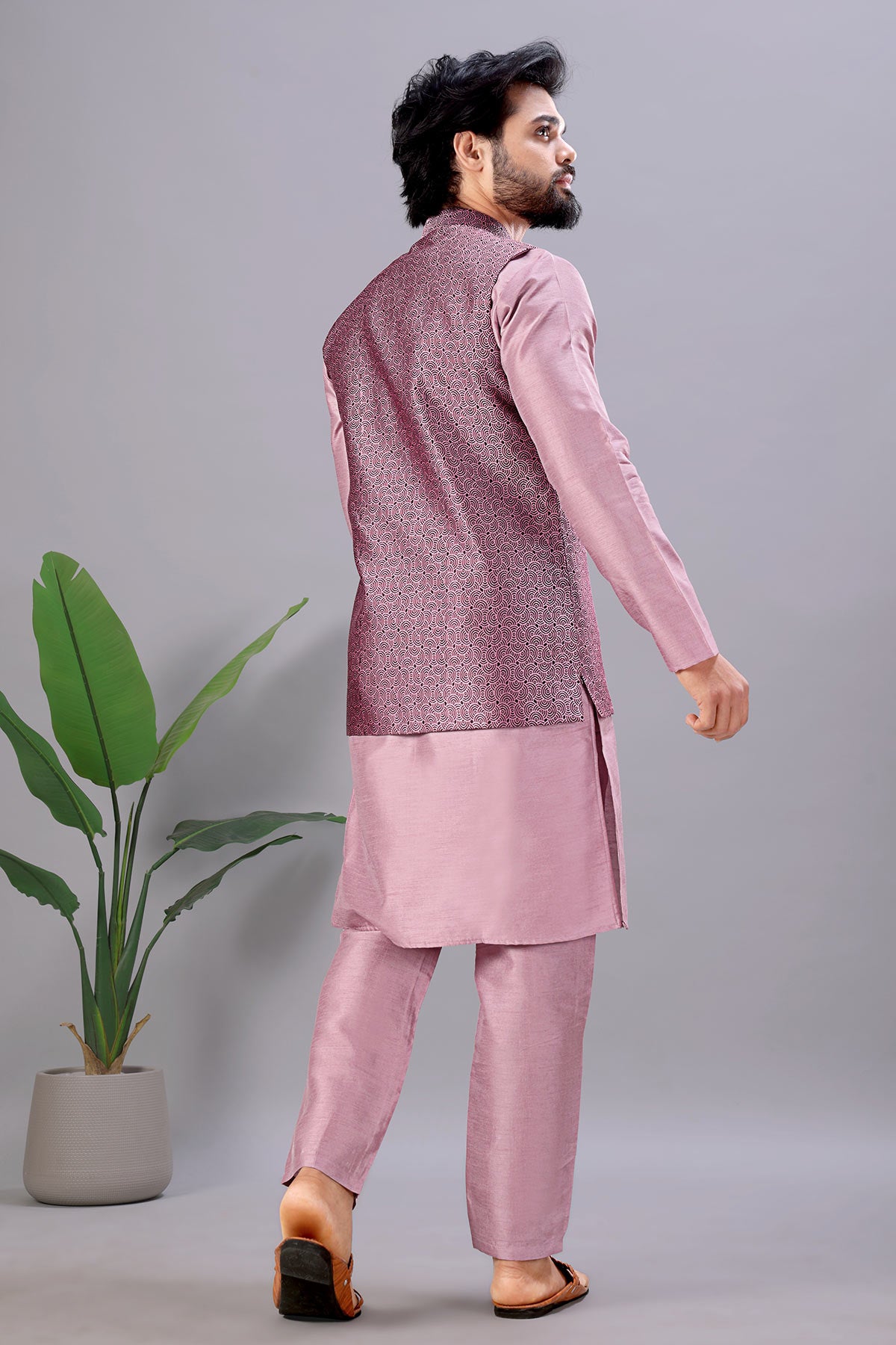 Pink Cotton Silk Jacquard Bundi
