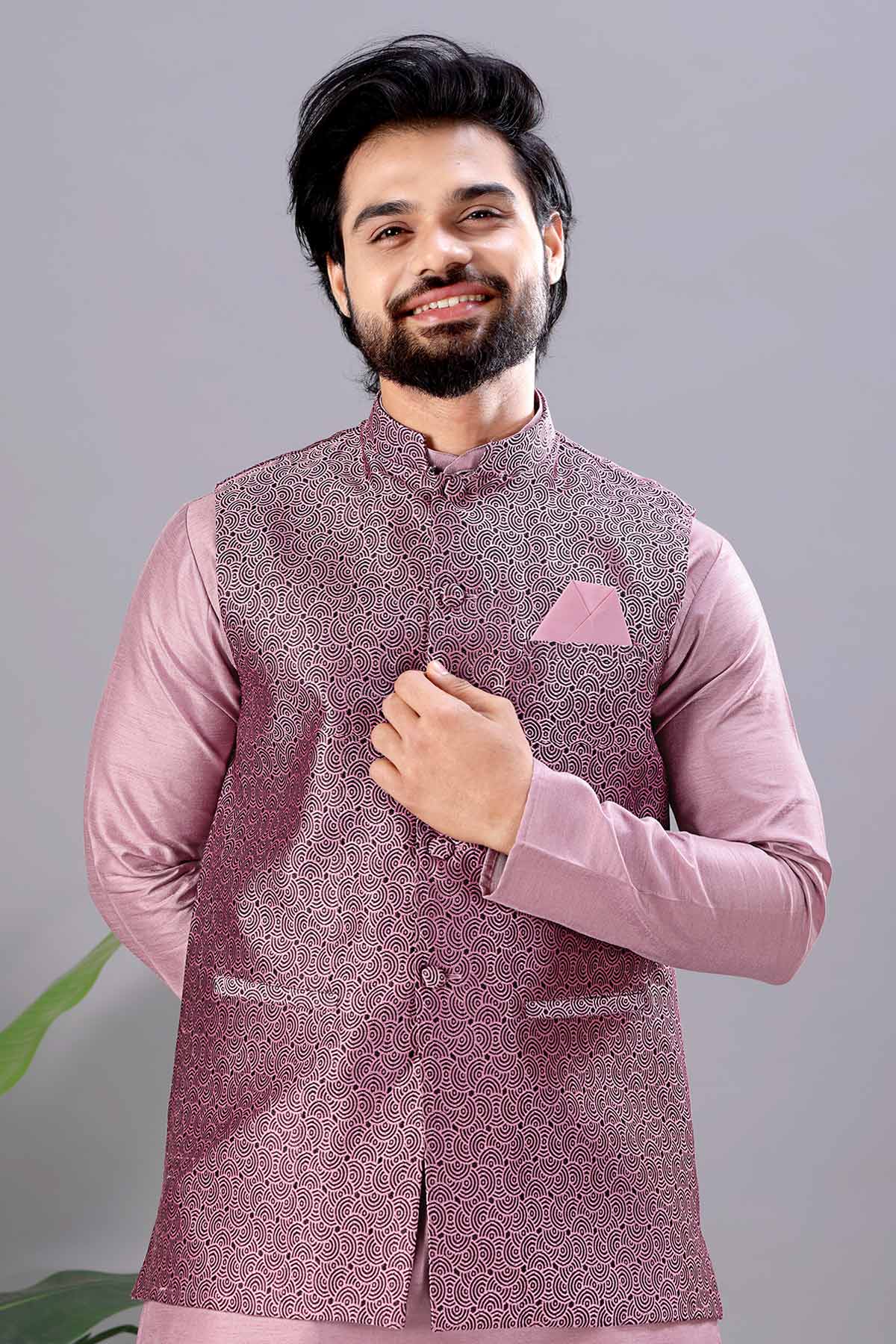 Buy Pink Cotton Silk Jacquard Bundi for men by Aastha Fashion online available at scrollnshops