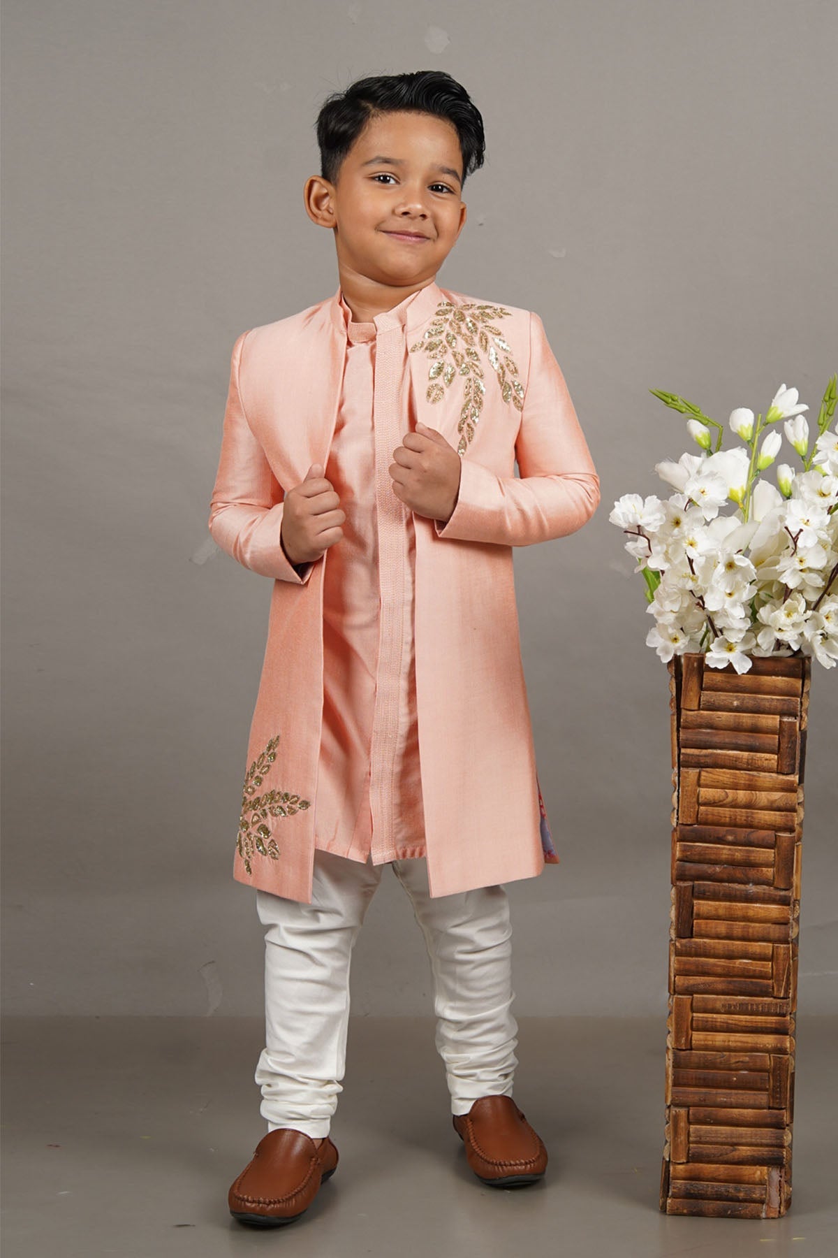 Buy Pink Cotton Silk Sherwani Set by Little Brats for Boys online at ScrollnShops