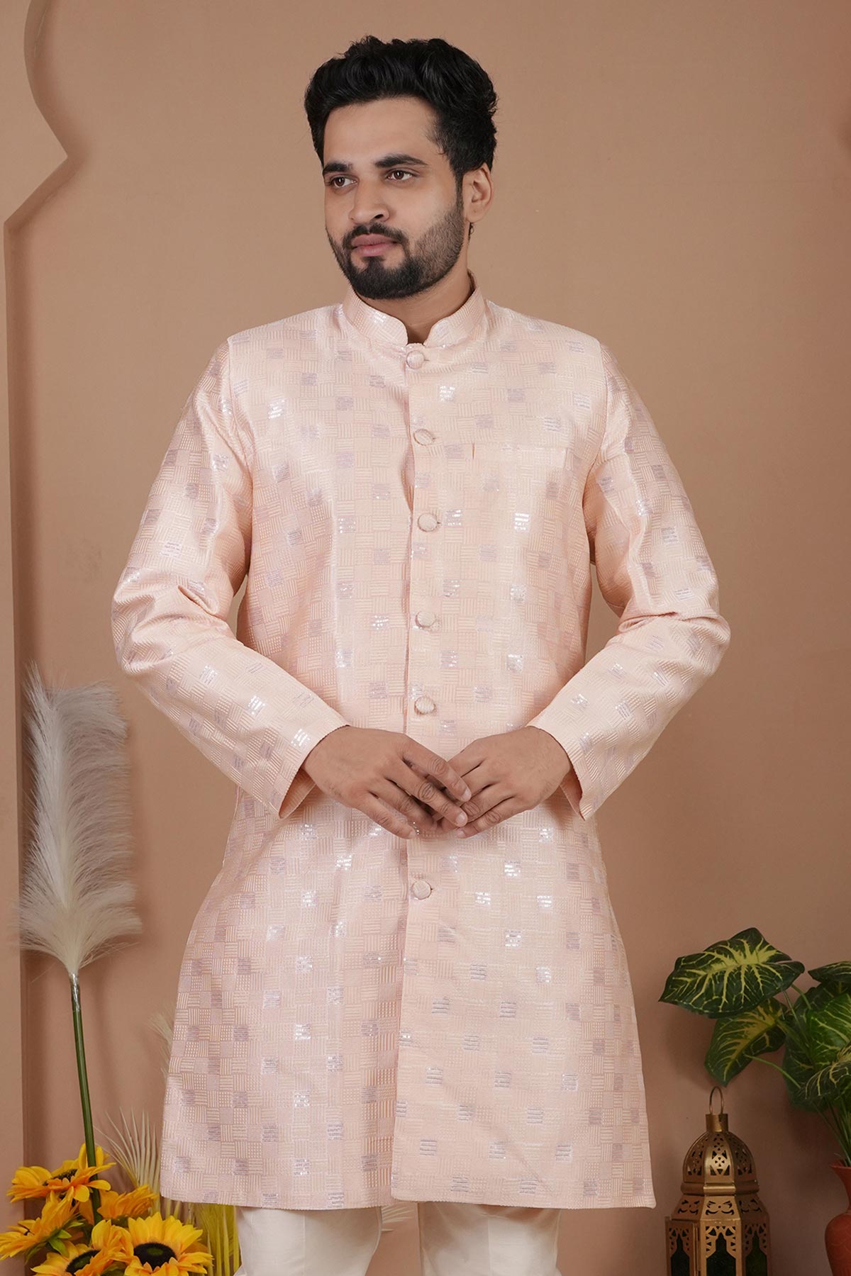 Cotton Silk Pink Sherwani Set